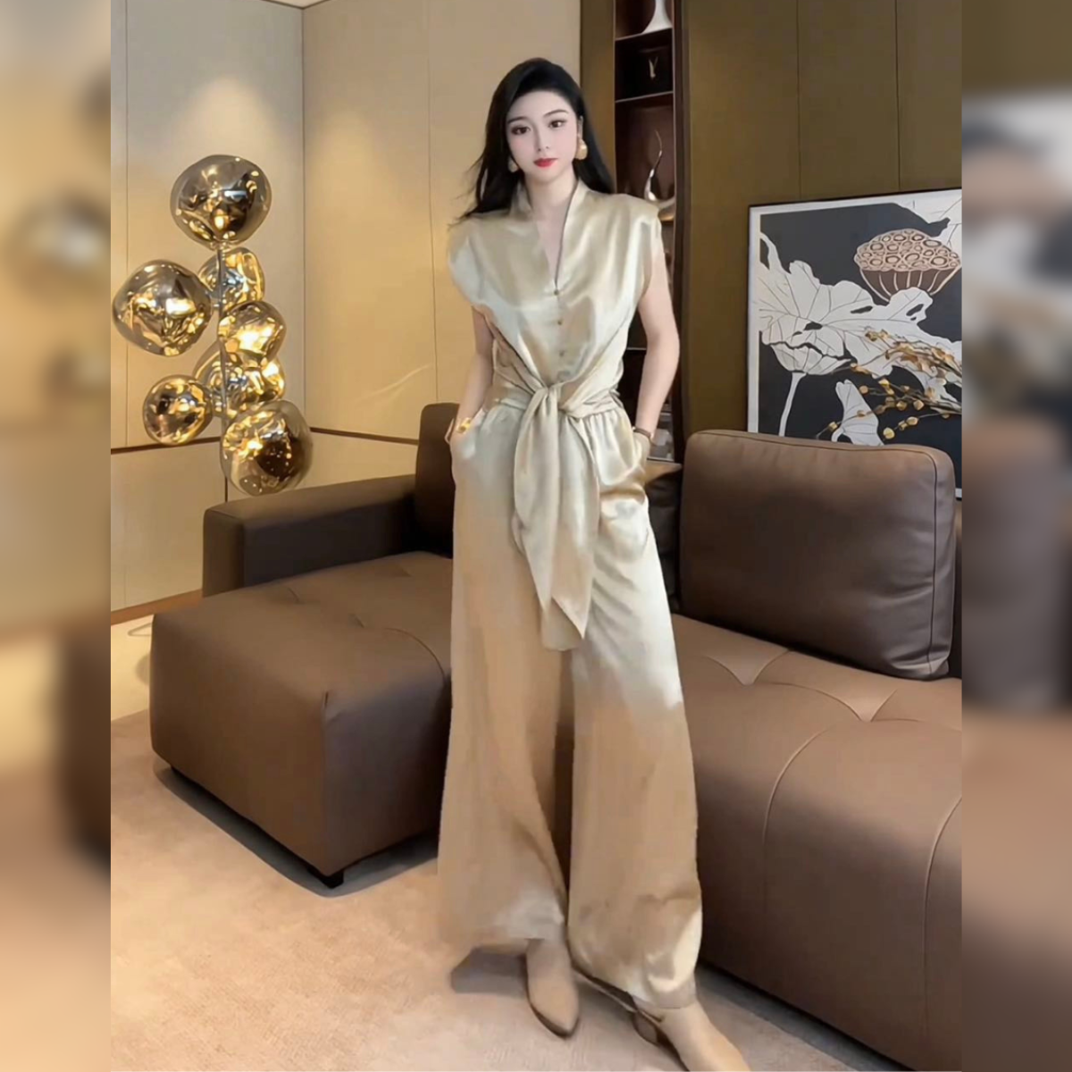 Set bộ quần ống rộng áo sát nách vạt dài cách điệu