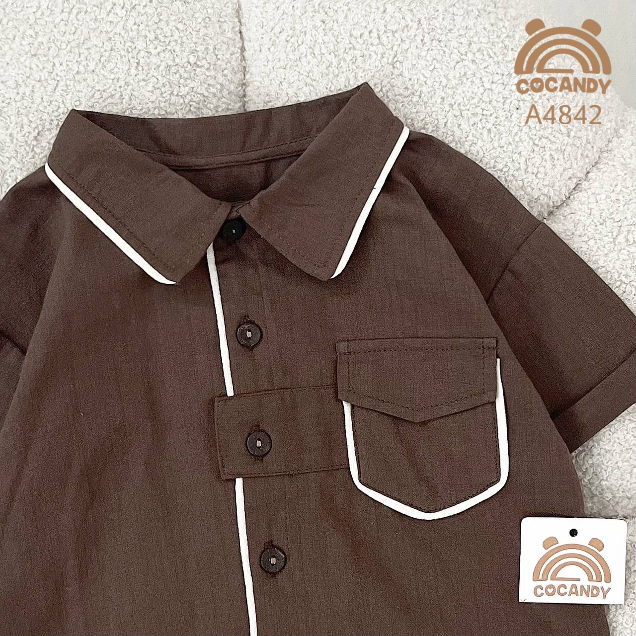 Áo cộc sơ mi NÂU phối viền BE túi ngực_thumbnail_4