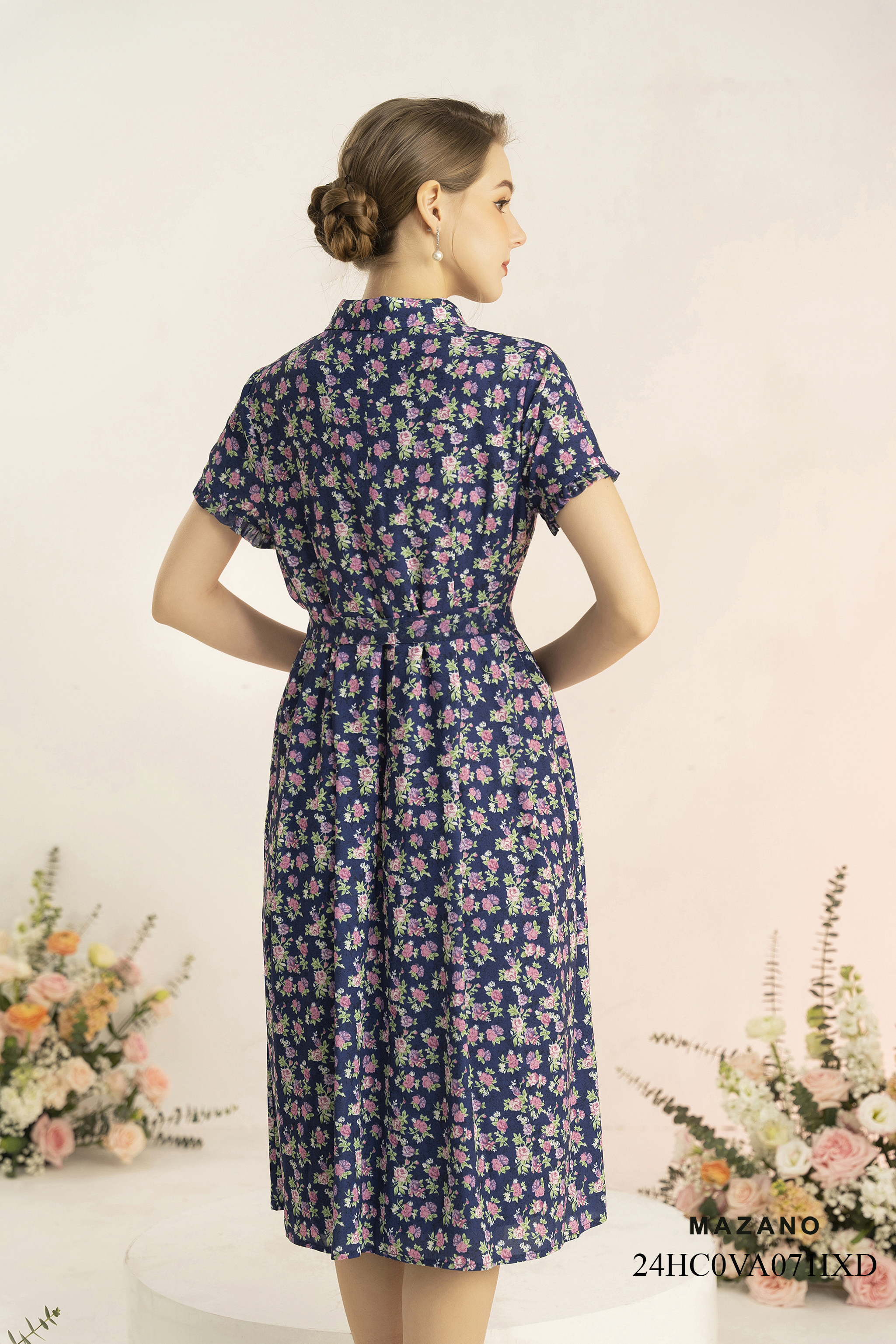 Đầm sơ mi xanh than phối bèo thắt đai eo_thumbnail_4