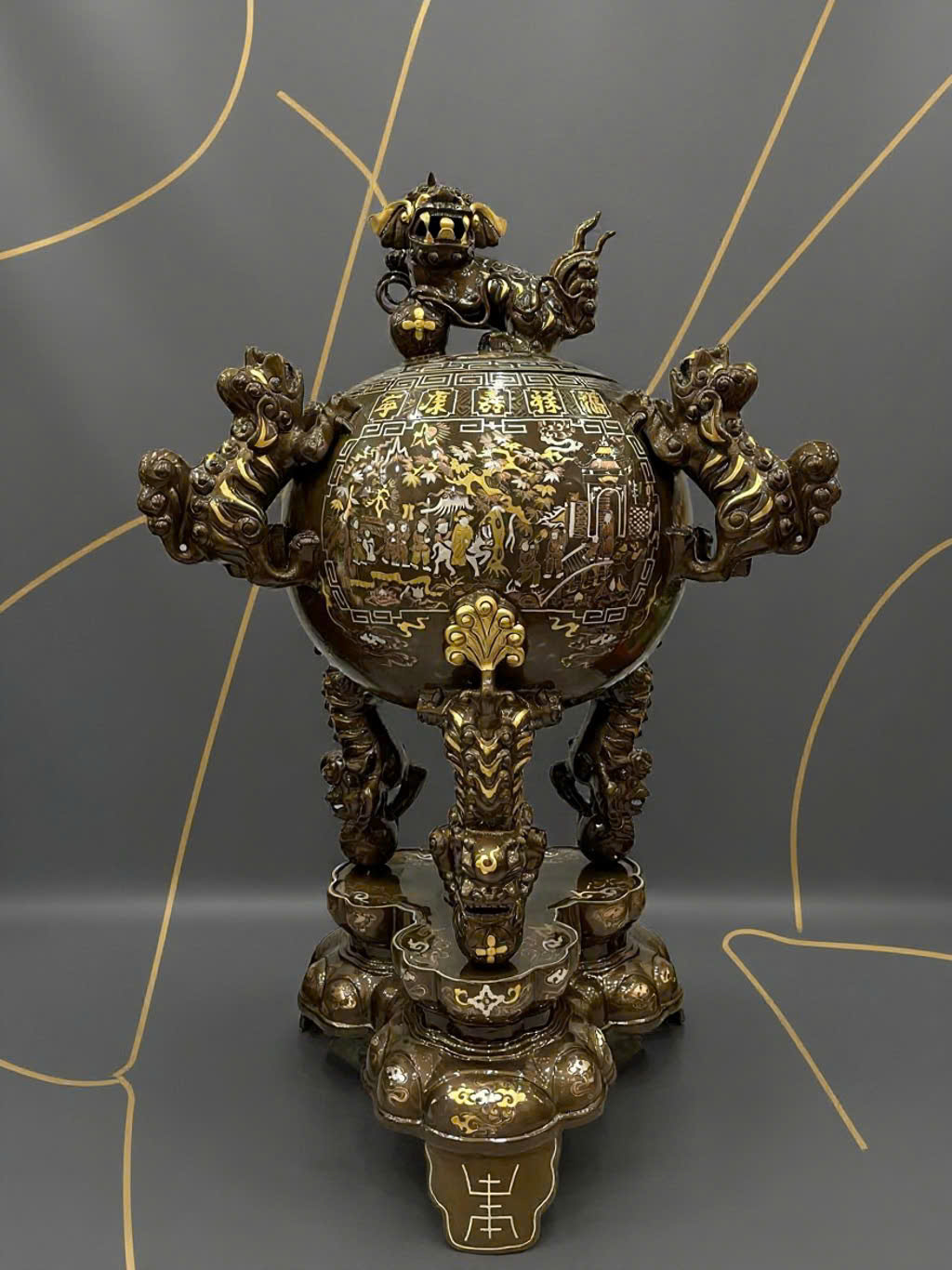 Đỉnh thờ thất lân vờn cầu khảm tam khí dát điểm vàng cao 1m2 _thumbnail_1