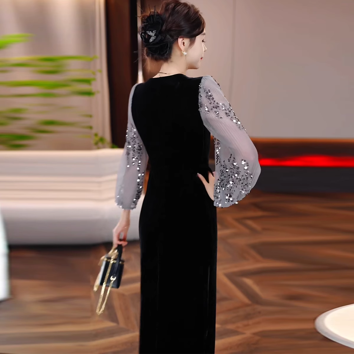 16492-Đầm suông phối tay voan kim sa xám ( thun nhật, voan kim sa)_thumbnail_2