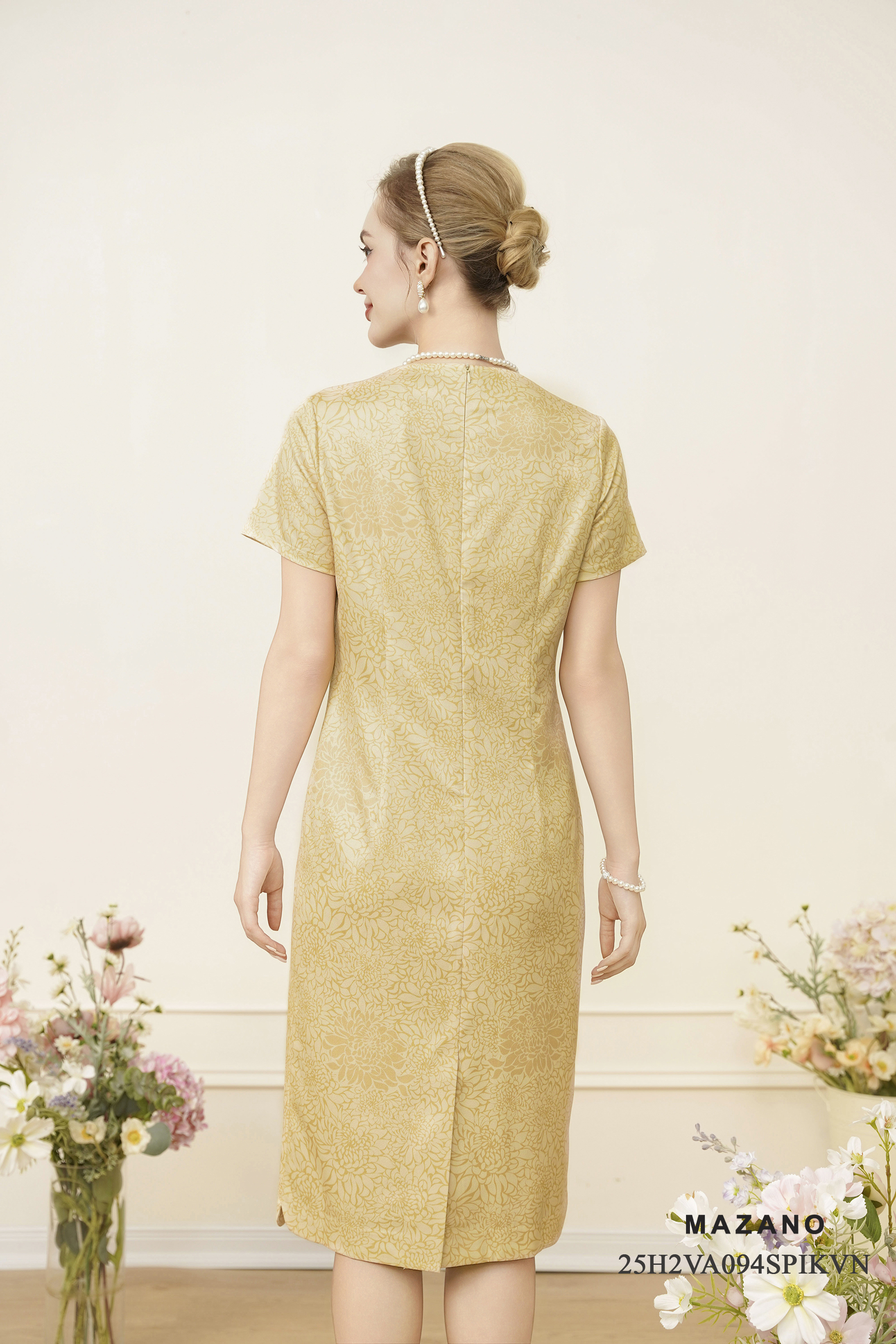 Váy Đầm Suông Vải thô sạn Hoạ tiết hoa in chìm cách điệu Cổ tròn Tay ngắn Dài trên bắp chân_thumbnail_4