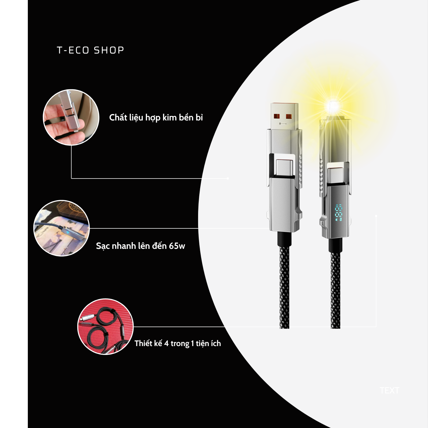 T-ECO SHOP | Cáp Sạc Nhanh 65W 4 Trong 1 – Type-C, iPhone, 1 Dây Dùng Mọi Máy, Không Rối_thumbnail_4