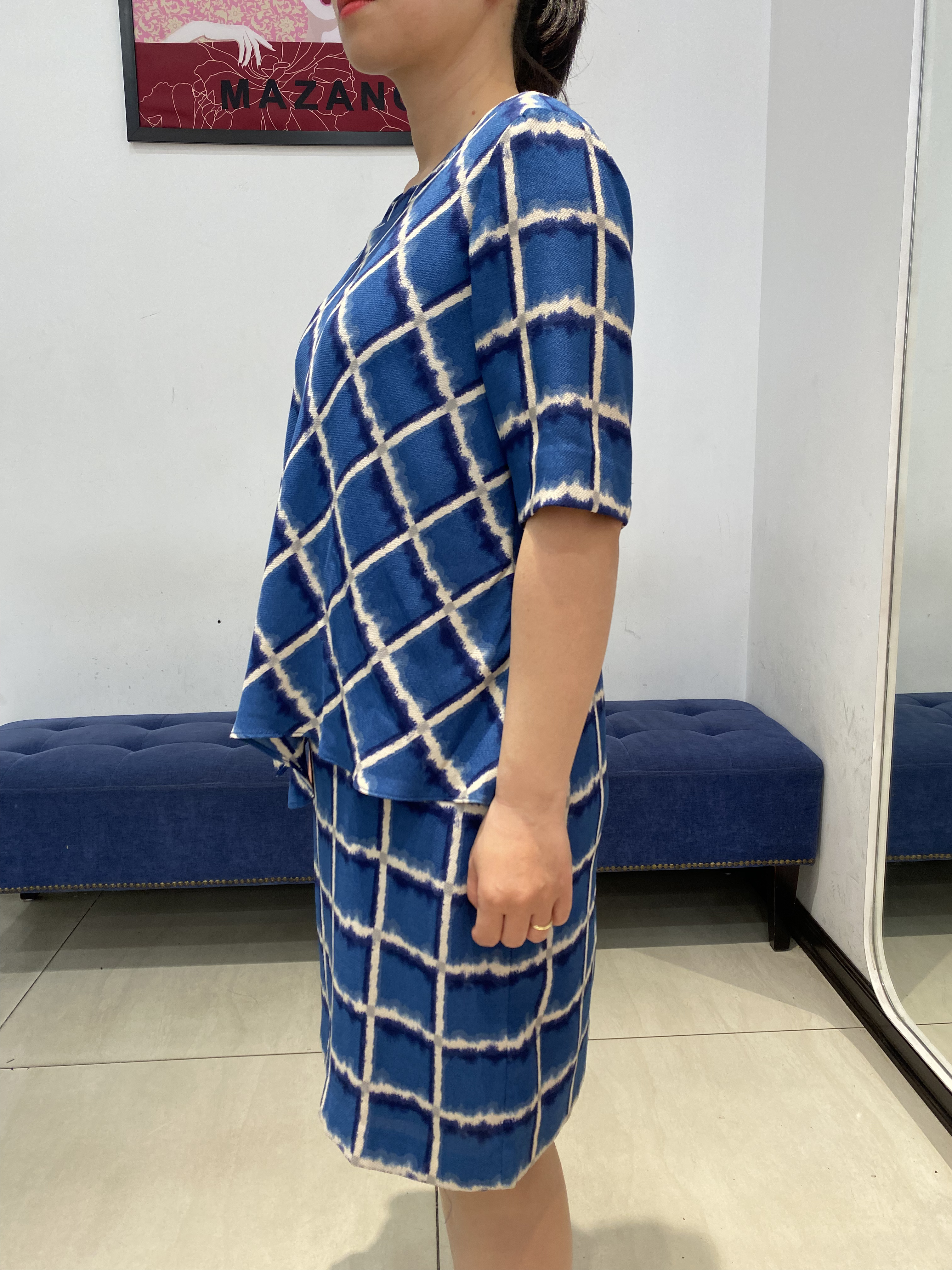 Đầm suông xanh kẻ ô nhún eo_thumbnail_3