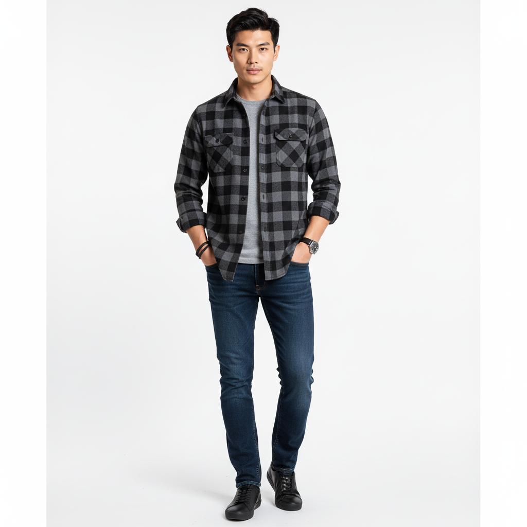 Áo Sơ Mi Super Brother FLANNEL Cotton Cá Sấu Logo Thêu Màu Đen