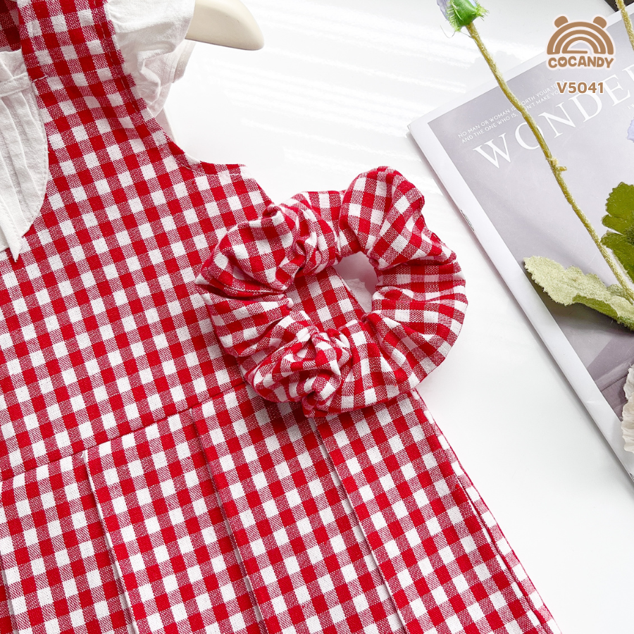 Váy cộc caro ĐỎ tay cánh tiên ren phối nơ_thumbnail_3