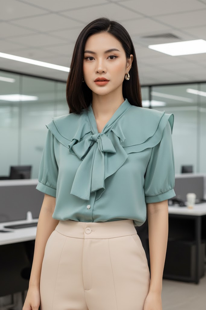 Áo kiểu cột nơ tay bồng