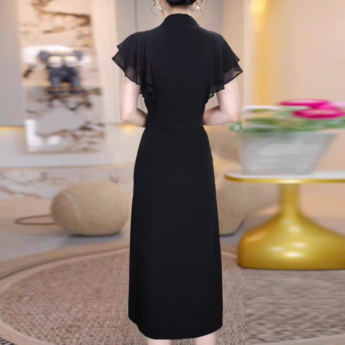 18113-Đầm body suông đen phối tay voan cổ bẻ viền tua rua ( thun nhật, voan)_thumbnail_2