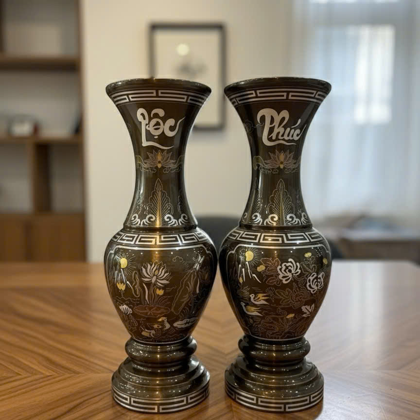 Lọ hoa khảm hoa sen  đúc đồng đỏ khảm ngũ sắc KT cao 38cm 