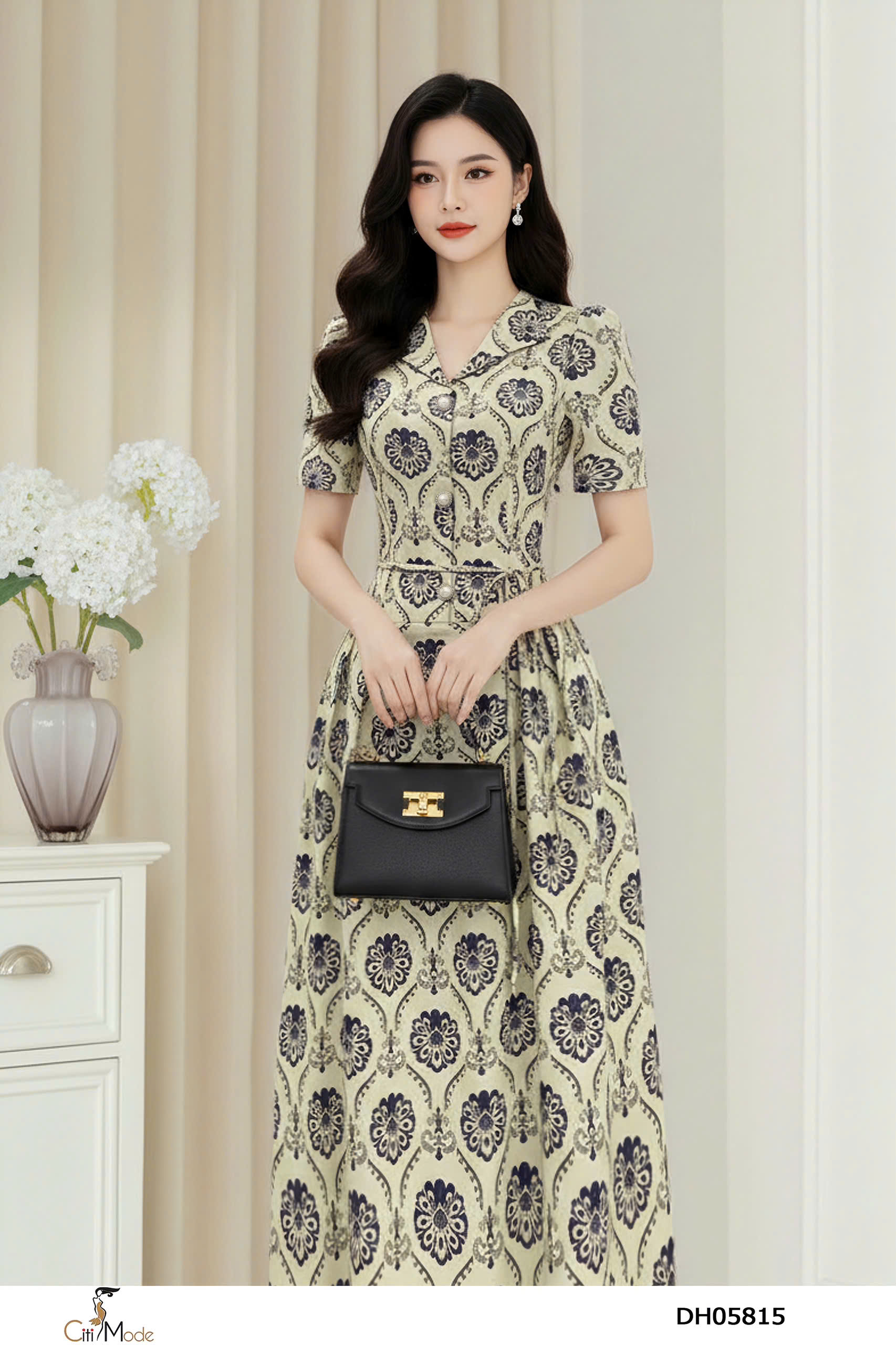 Đầm xòe họa tiết cổ ve tay cọc, thắt đai eo_thumbnail_2