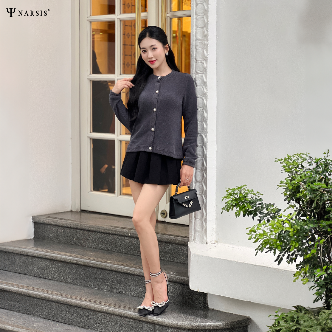 ÁO CARDIGAN NỮ NARSIS DÁNG NGẮN CHẤT LIỆU LEN MỀM MỊN MÀU GHI ĐẬM PHONG CÁCH HÀN QUỐC L23032 NARS..._thumbnail_2