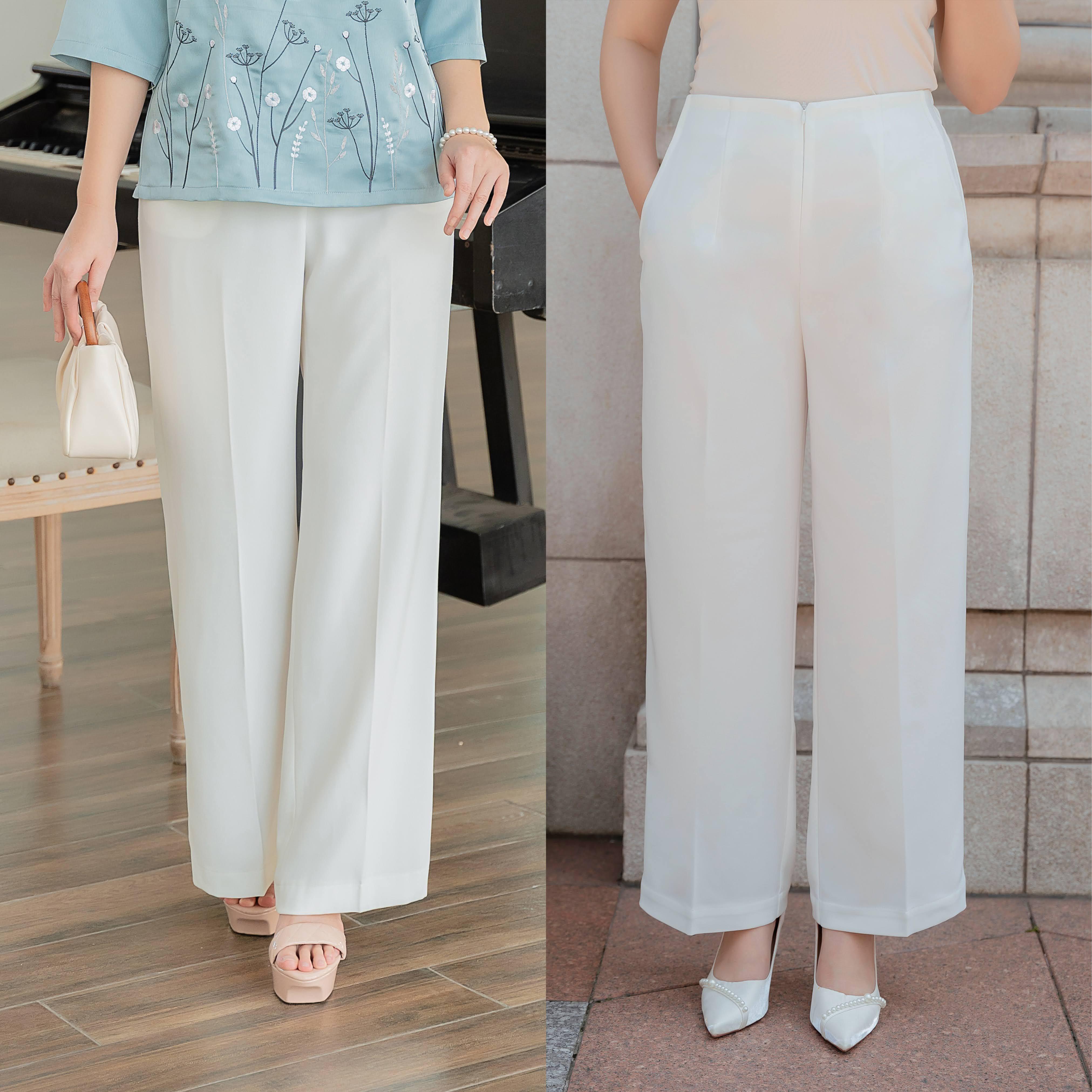GUMOM - Quần Trung Niên Nữ U50 U60 Quần dài trắng ống rộng dáng suông lưng thun một mặt Quan trung niên cao cấp cho mẹ Nhung Ong Áo Nhung Ong Áo Women Pants