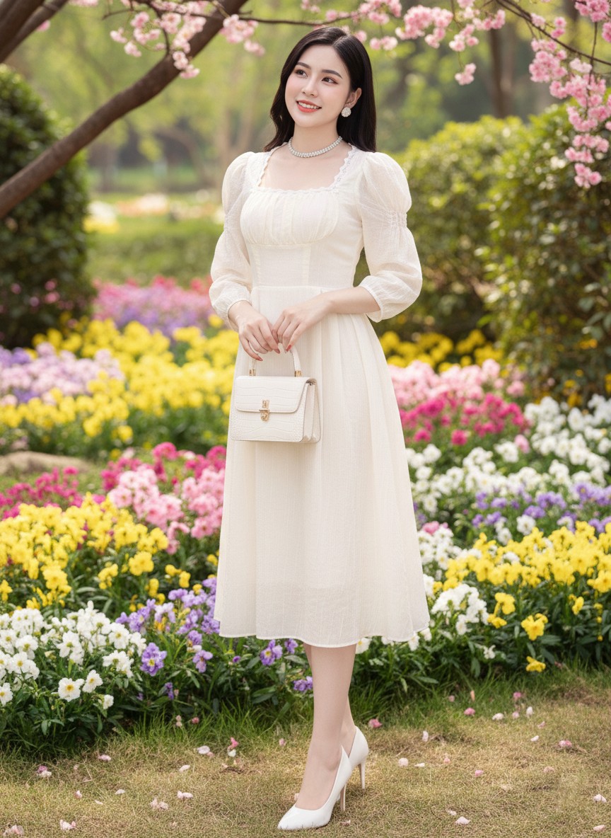 Đầm midi tay dài cổ U phối ren ngực_thumbnail_1