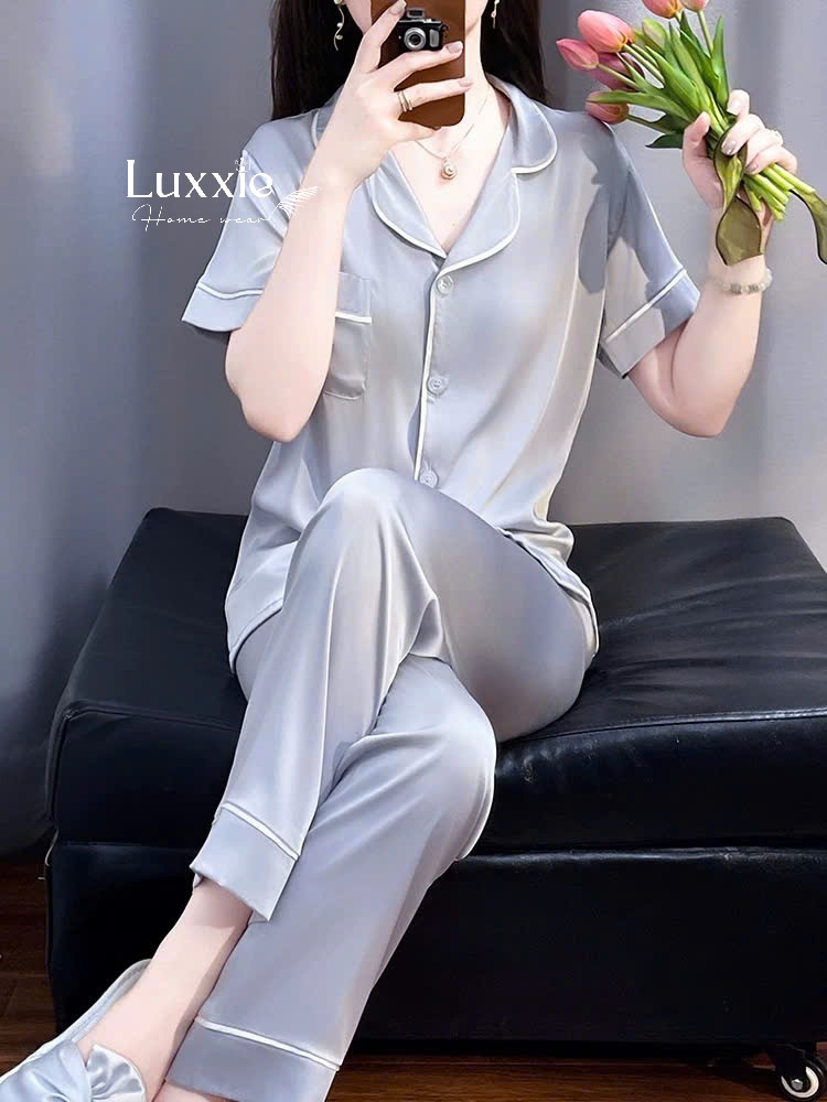 N114B Pijama lụa trơn bo viền chỉ cộc tay