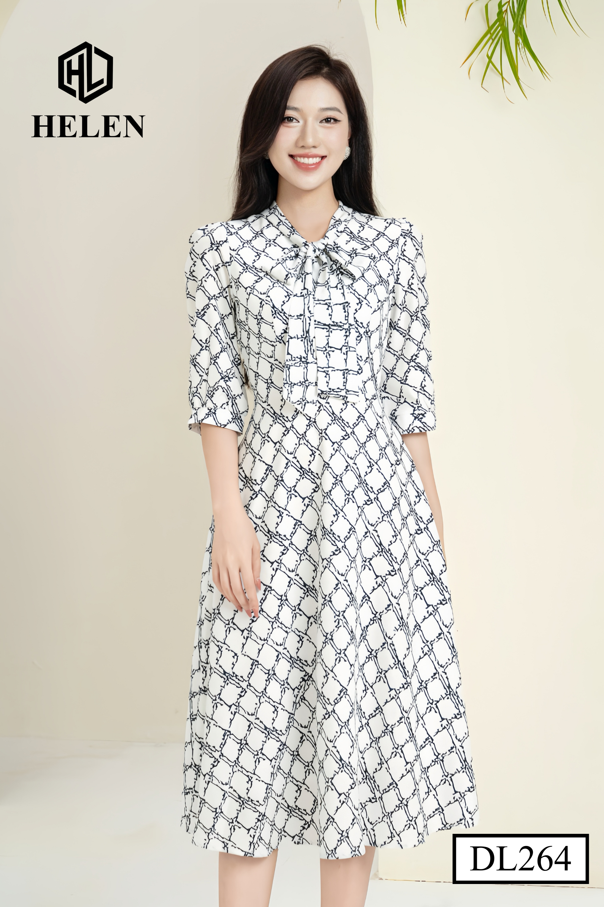 Đầm xòe kẻ đen trắng thắt nơ giữa DL264_thumbnail_3