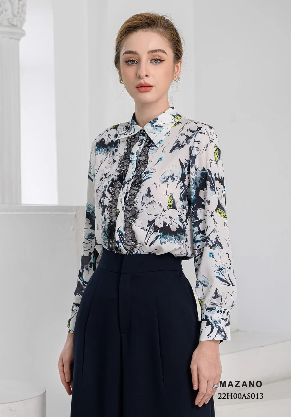 Áo sơ mi Suông Vải chiffon dày Họa tiết in hoa phối ren Cổ sơ mi Tay dài Dài dưới eo