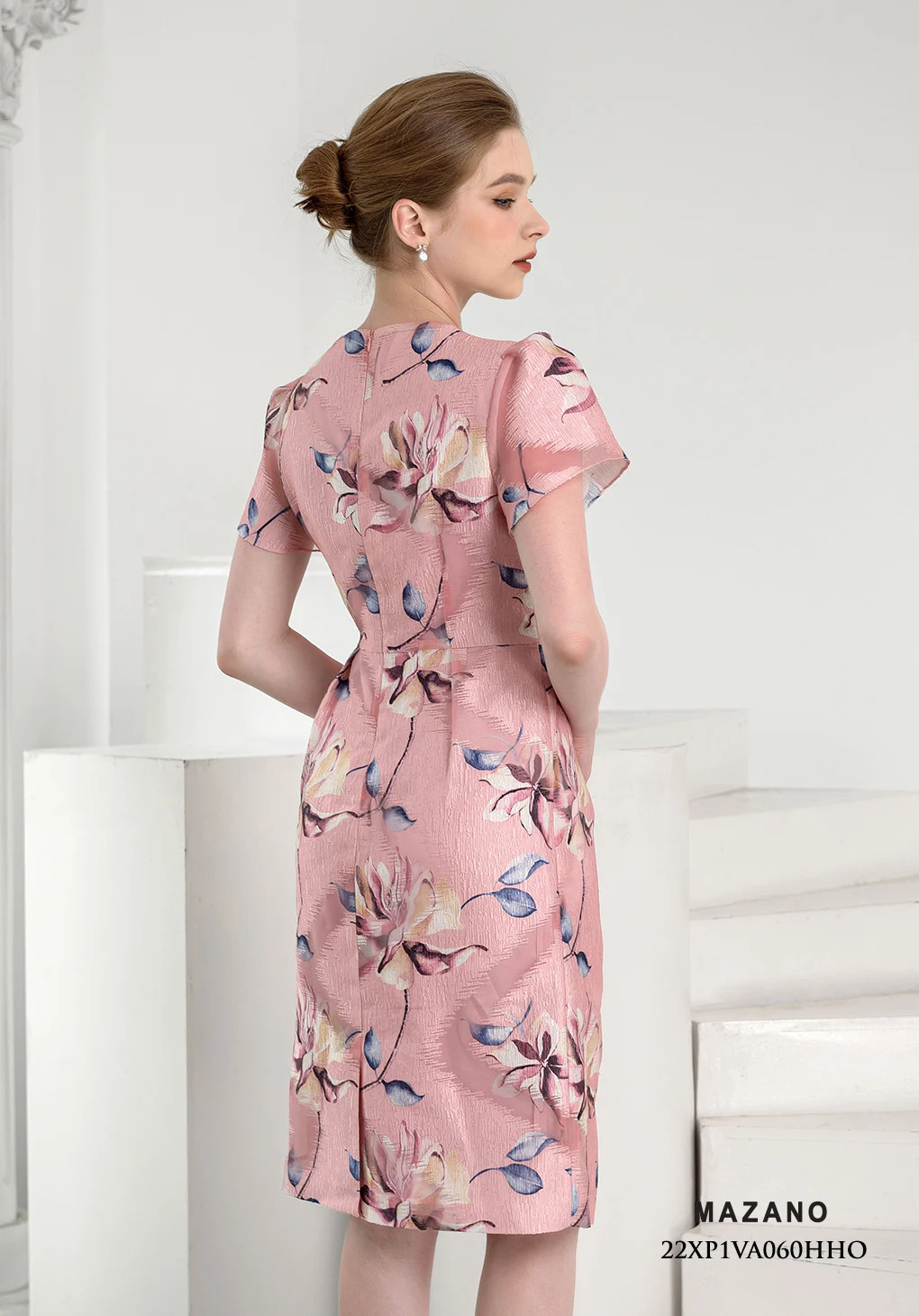 Đầm dự tiệc hồng họa tiết xếp ly cổ tay bồng_thumbnail_2