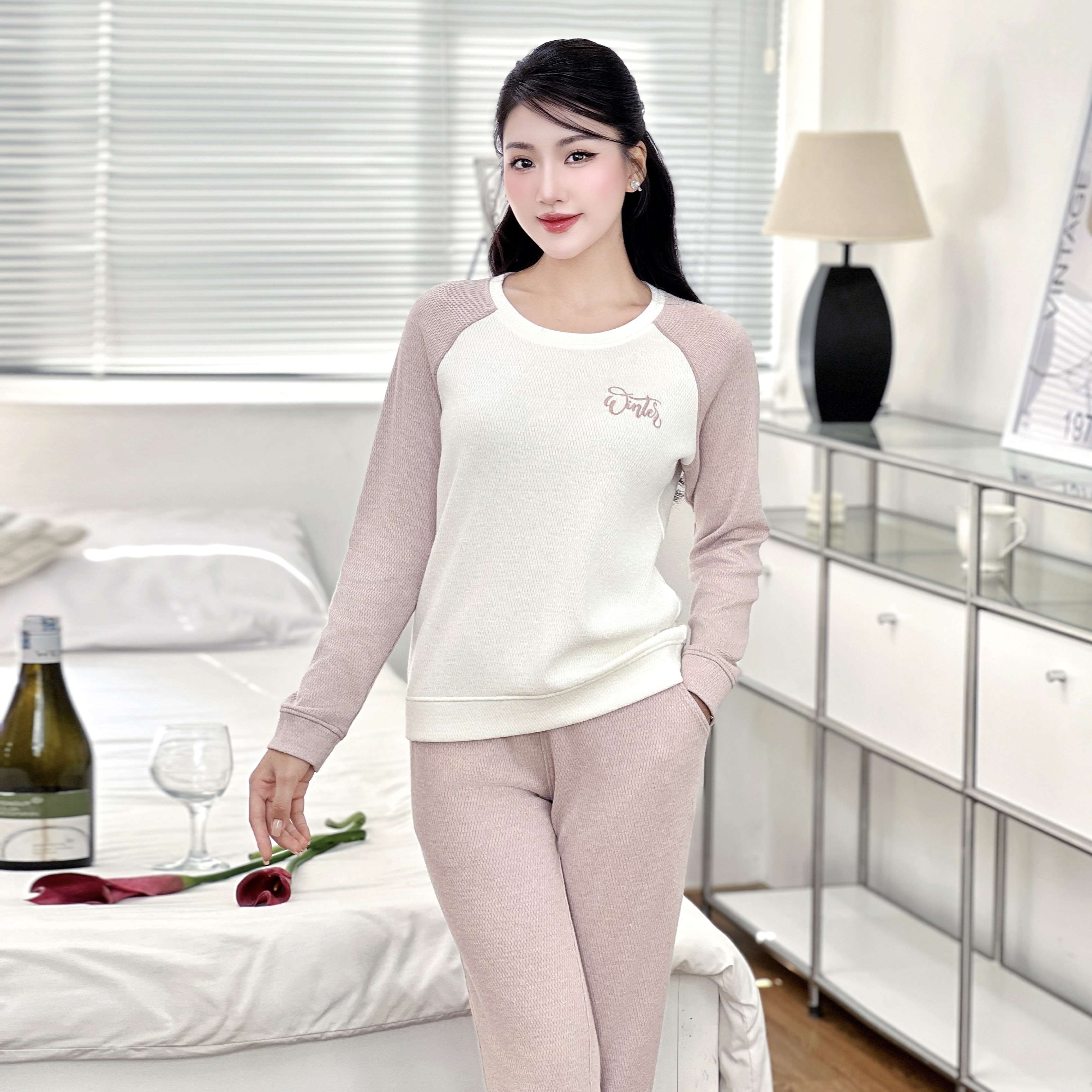 SET BỘ MẶC NHÀ LEN THU ĐÔNG DÀI TAY CHẤT COTTON MỀM MẠI ẤM ÁP DÁNG ĐẸP CỔ TRÒN TAY RAGLAN PHỐI TR..._thumbnail_1