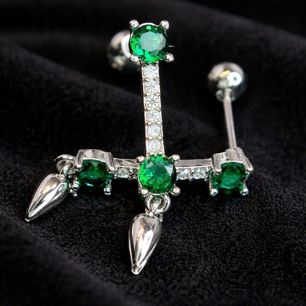 Khuyên kiểu 2 đầu đá xanh lá thanh dài rơi dẹt