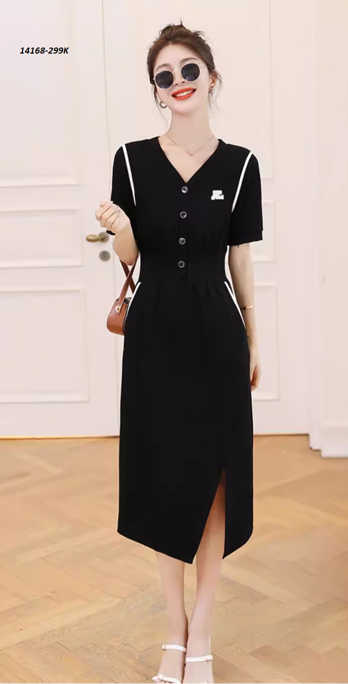 14168-Đầm body suông xẻ tà cổ V kết nút (thun lụa)FREESHIP_thumbnail_2