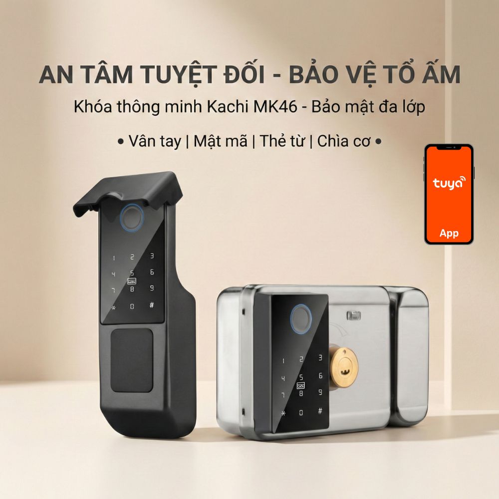 Khóa Cổng Vân Tay Kachi MK46 Cho Cổng Sắt Ngoài Trời (App Tuya) – Giải Pháp An Ninh "5 Trong 1"