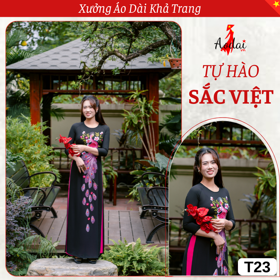 T23 Áo Dài Màu Đen Thêu Công Hồng Sen Cổ Tròn Tay Lỡ_thumbnail_2