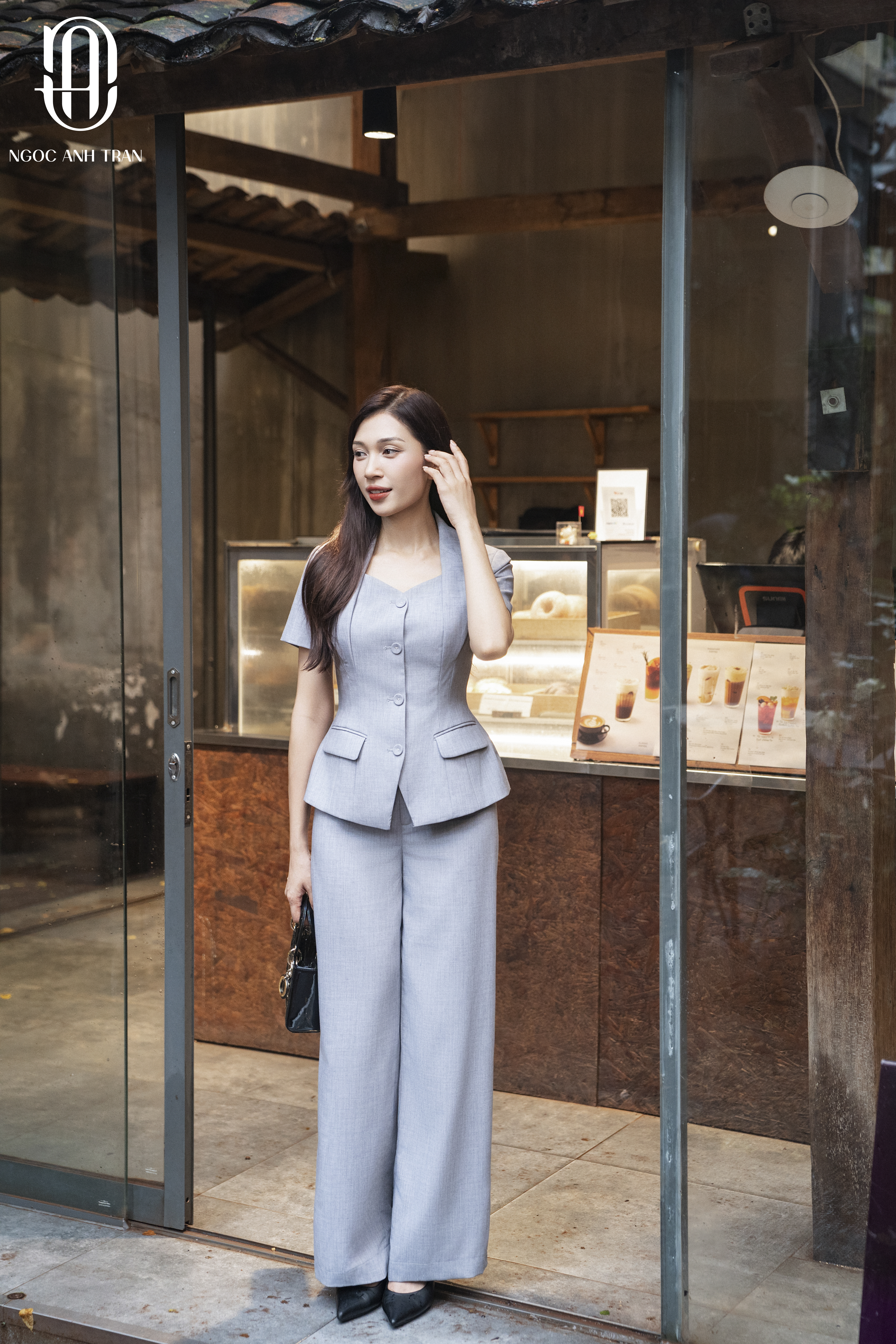 V051 - Set áo vest xám tro phối quần suông