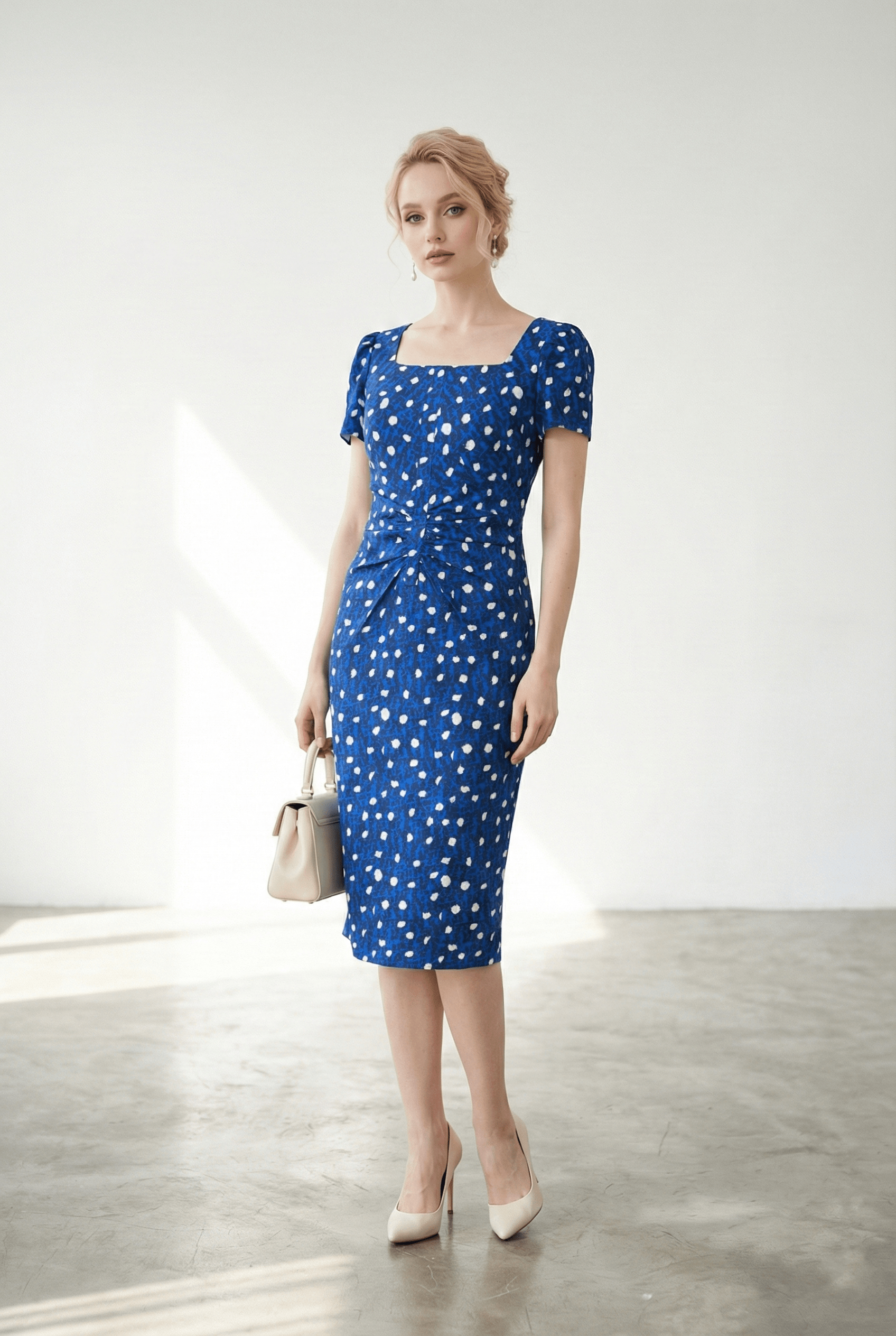 Đầm ôm cổ vuông xanh chấm bi vai bồng