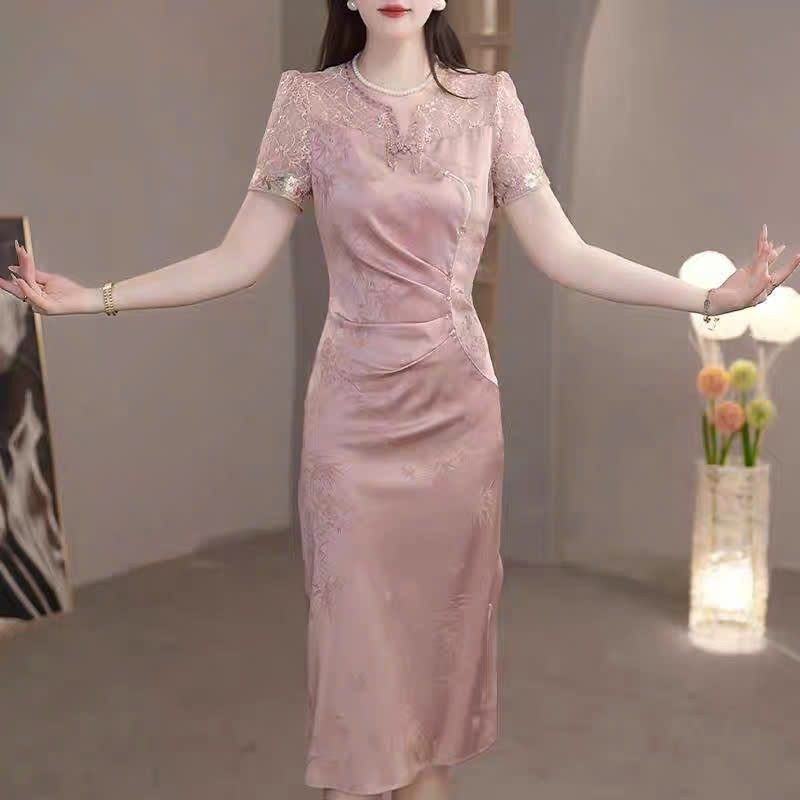 18051-Đầm  body suông lụa vai  phối ren kết nút tàu cách điệu ( lụa, ren)