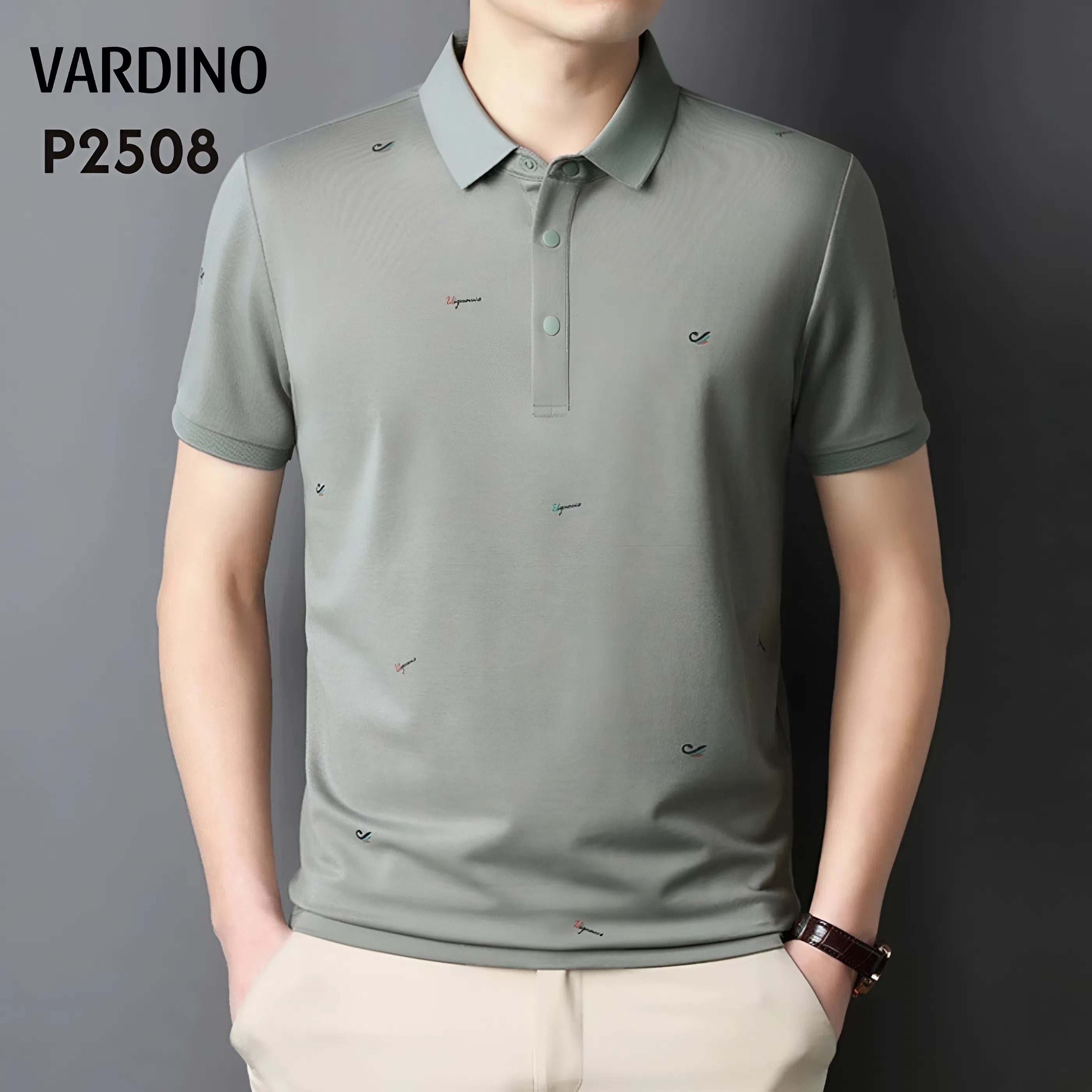 Áo polo cotton pima họa tiết ghi Vardino P2508_thumbnail_0