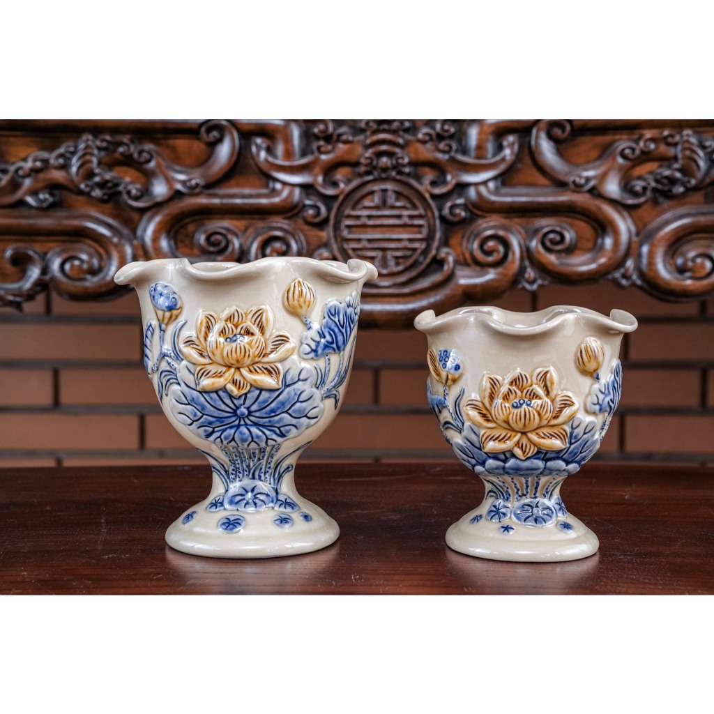 Men Hoàng Thổ Đắp Nổi Đồ Thờ Cúng Ly Chén Bát Đựng Phật Thủ  Bát Tràng Cao Cấp