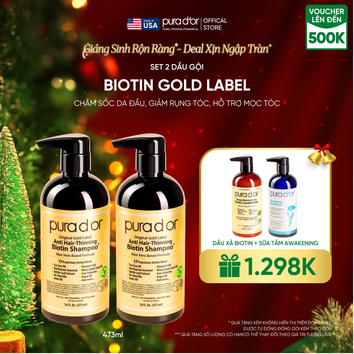 Set 2 Dầu Gội Biotin Pura D'or Original Gold Label Chăm Sóc Da Đầu, Giảm Rụng Tóc, Hỗ Trợ Mọc Tóc 473ml