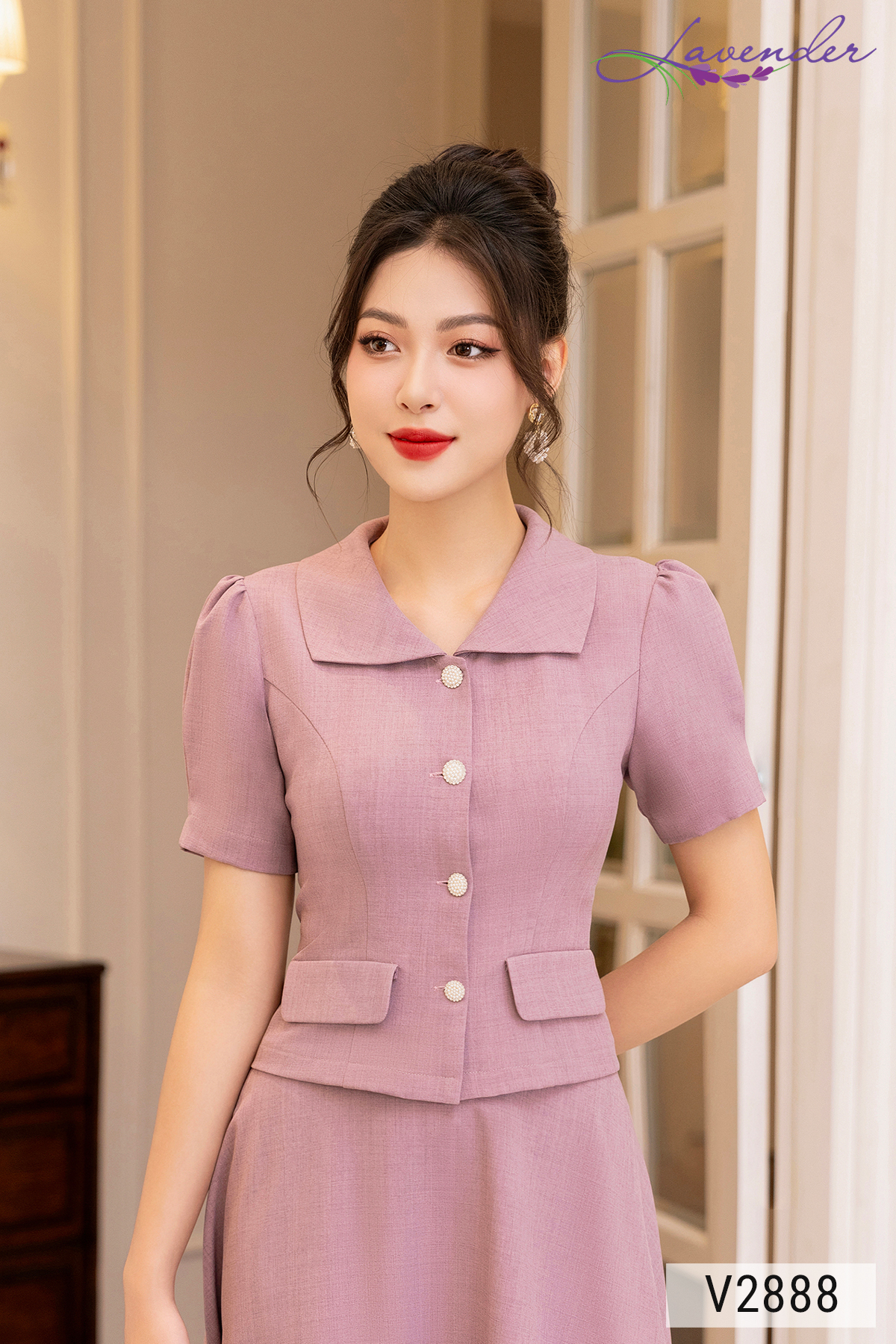 Áo vest tay ngắn Thời trang Lavender cổ bẻ phối nắp túi giả V2888
