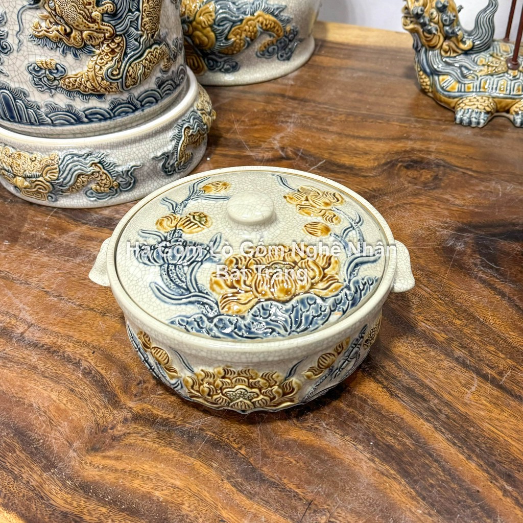 Đồ Thờ Cúng Thố Cơm, Âu Cơm, Vại Cơm, Nồi Cơm Men Rạn Đắp Nổi Bát Tràng Cao Cấp