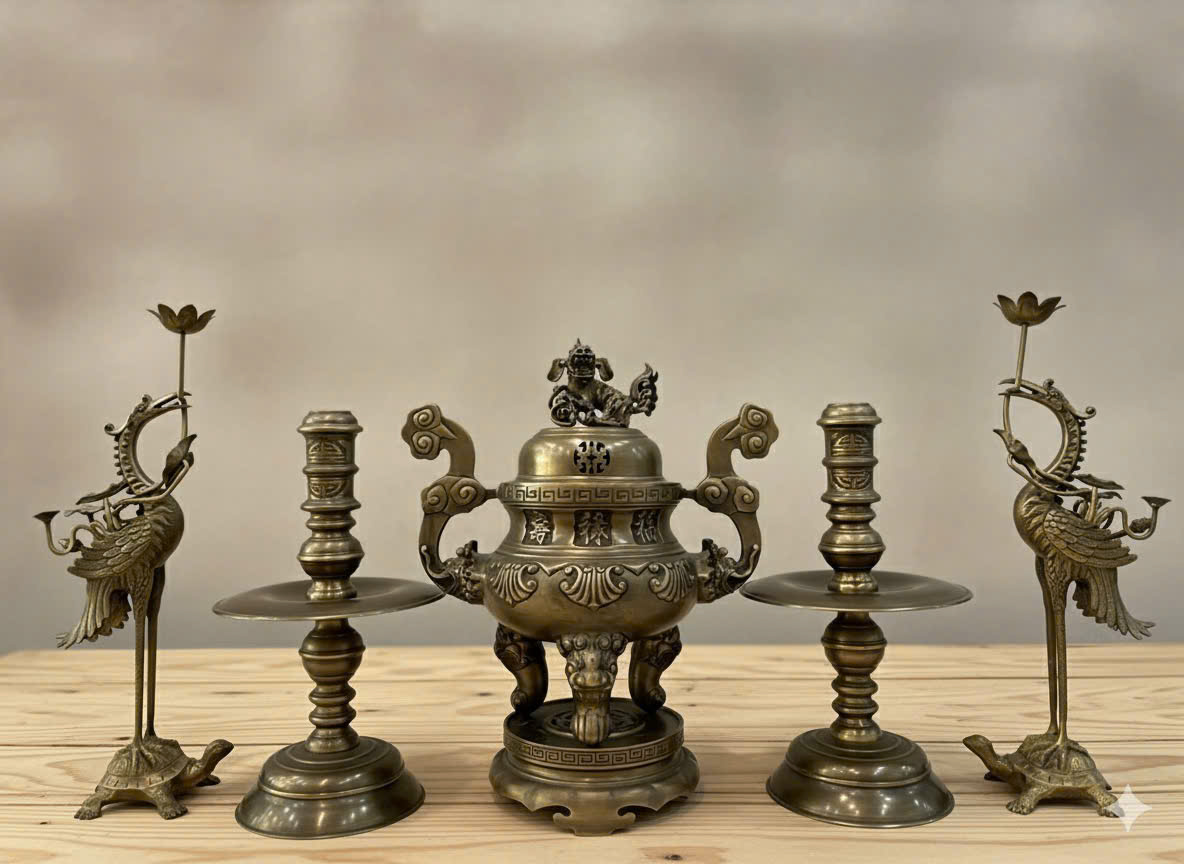 Bộ đỉnh thờ ngũ sự cao 50cm hoa văn sòi hun giả cổ đúc đồng vàng thau nguyên chất
