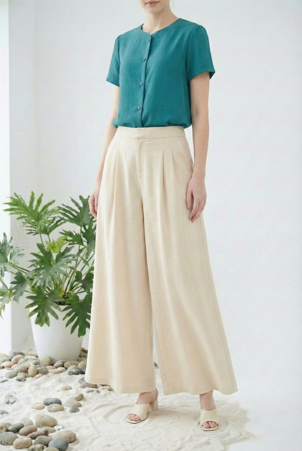 Quần vải thô pha linen trắng dáng suông rộng thiết kế MAZANO 1HB1SQT045BE