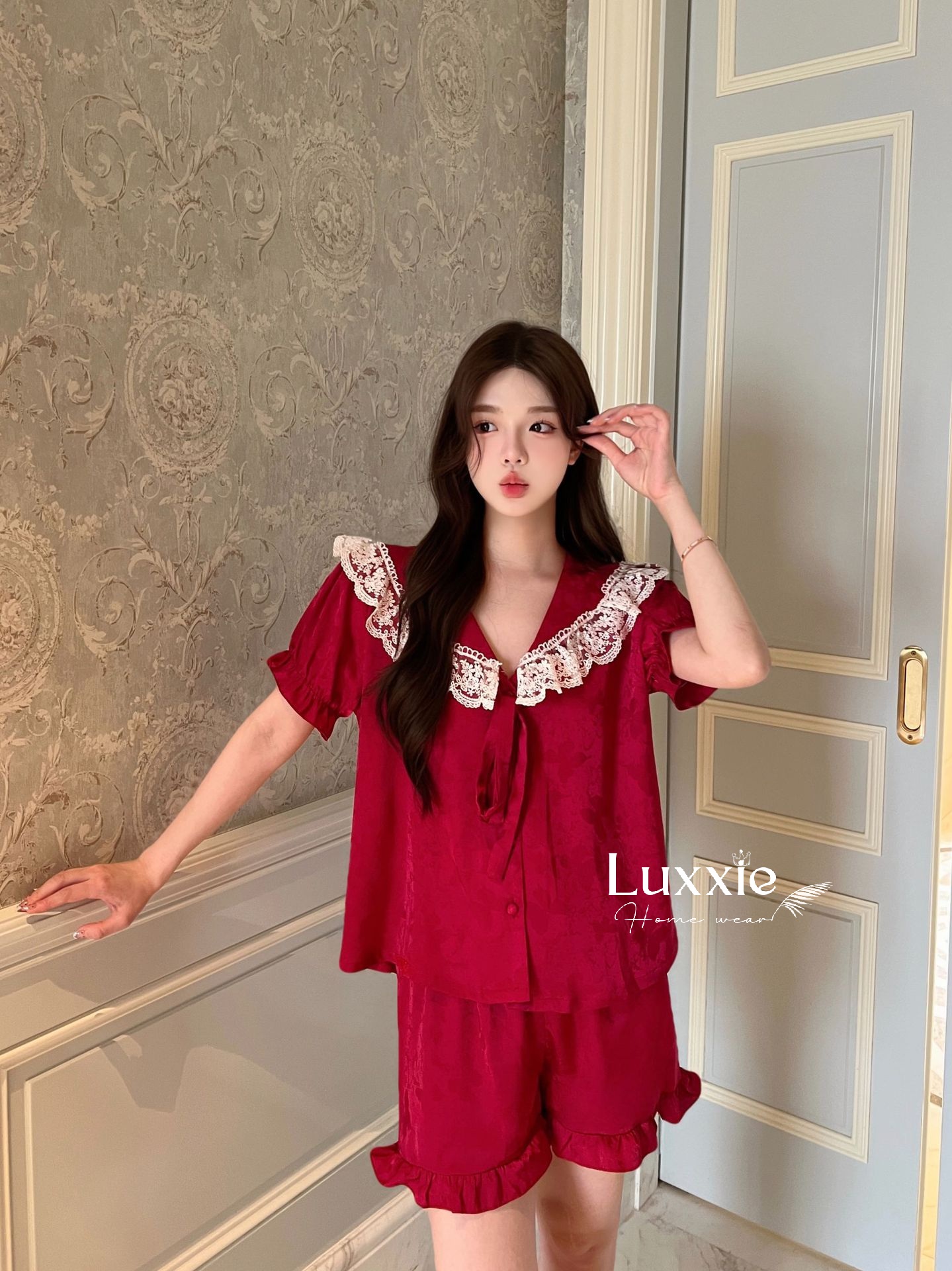 N108C Pijama lụa gấm hoa cổ ren trắng buộc nơ cộc đùi_thumbnail_22