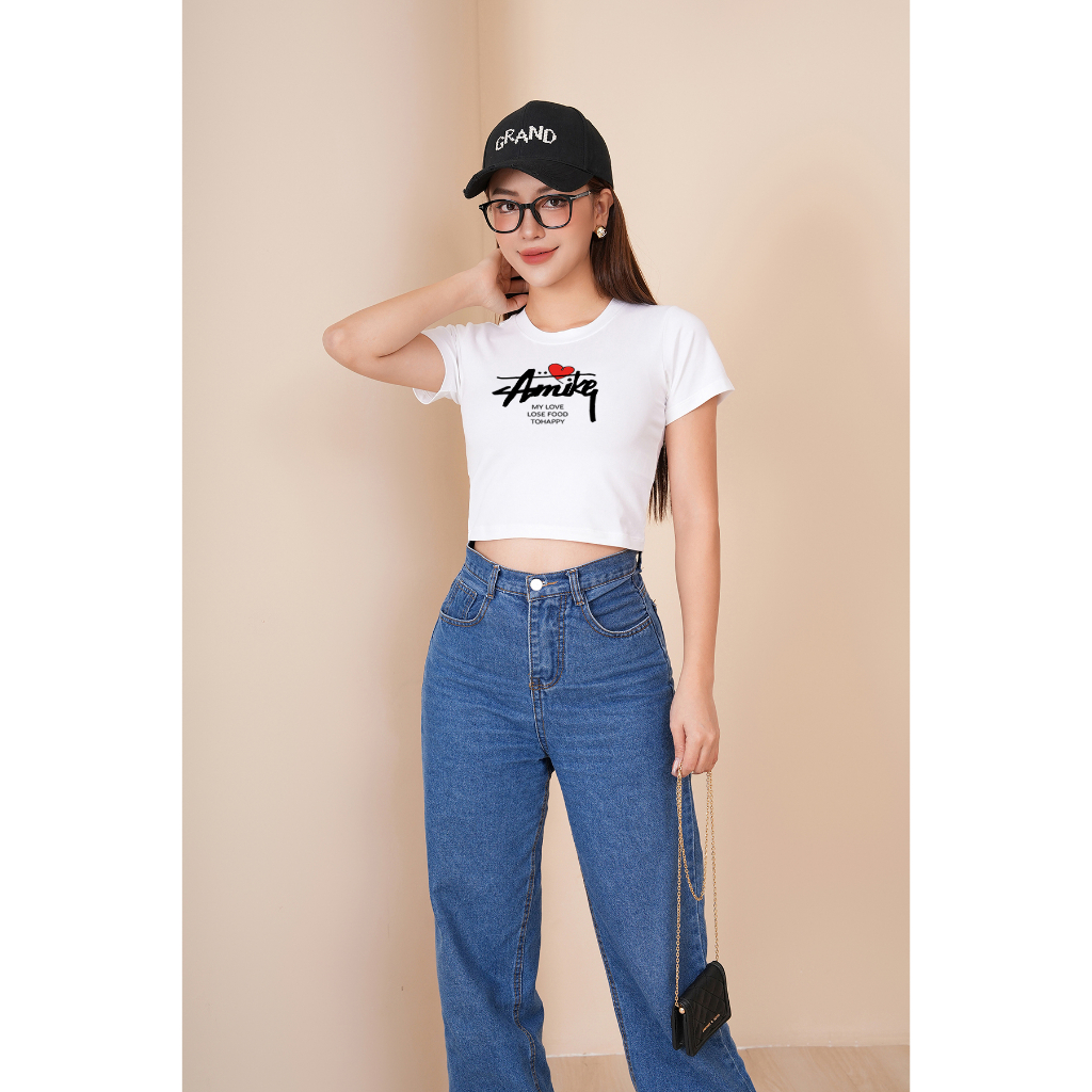 [Form ôm] Áo croptop nữ in chữ Amikq - Áo thun dáng croptop slim fit - LOZA CR6385_thumbnail_6