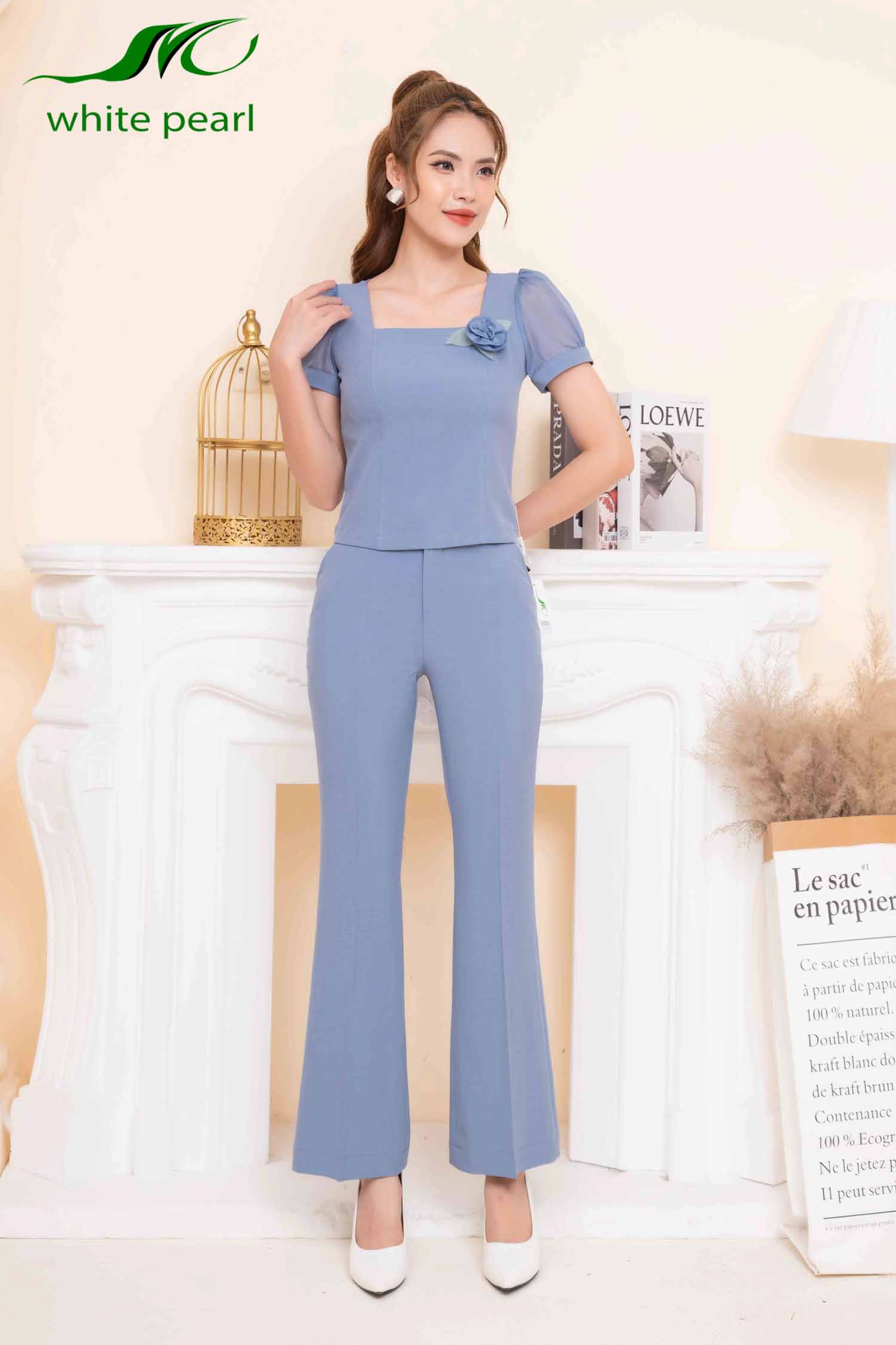 Bộ ký giả cổ vuông tay phối ren kết hợp quần ống loe thời trang công sở cao cấp White Pearl_thumbnail_1