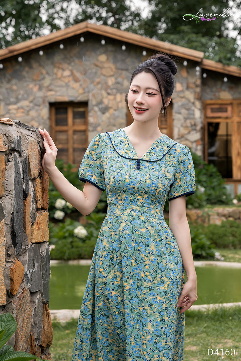 Đầm hoa xanh cổ bèo dáng xèo lụa mịn D4160_thumbnail_5