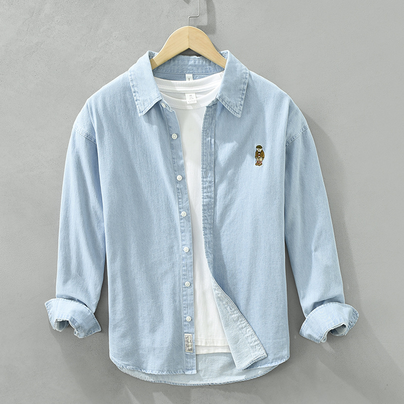 Áo Sơ Mi Denim Thêu Dài Tay Nam Phong Cách Nhật Bản – Thiết Kế Giản Dị, Trẻ Trung, Dáng Rộng