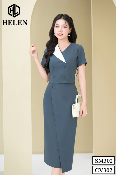 SET sơ mi phối cổ trắng + chân váy ôm màu ghi đính cúc bọc SET302CV