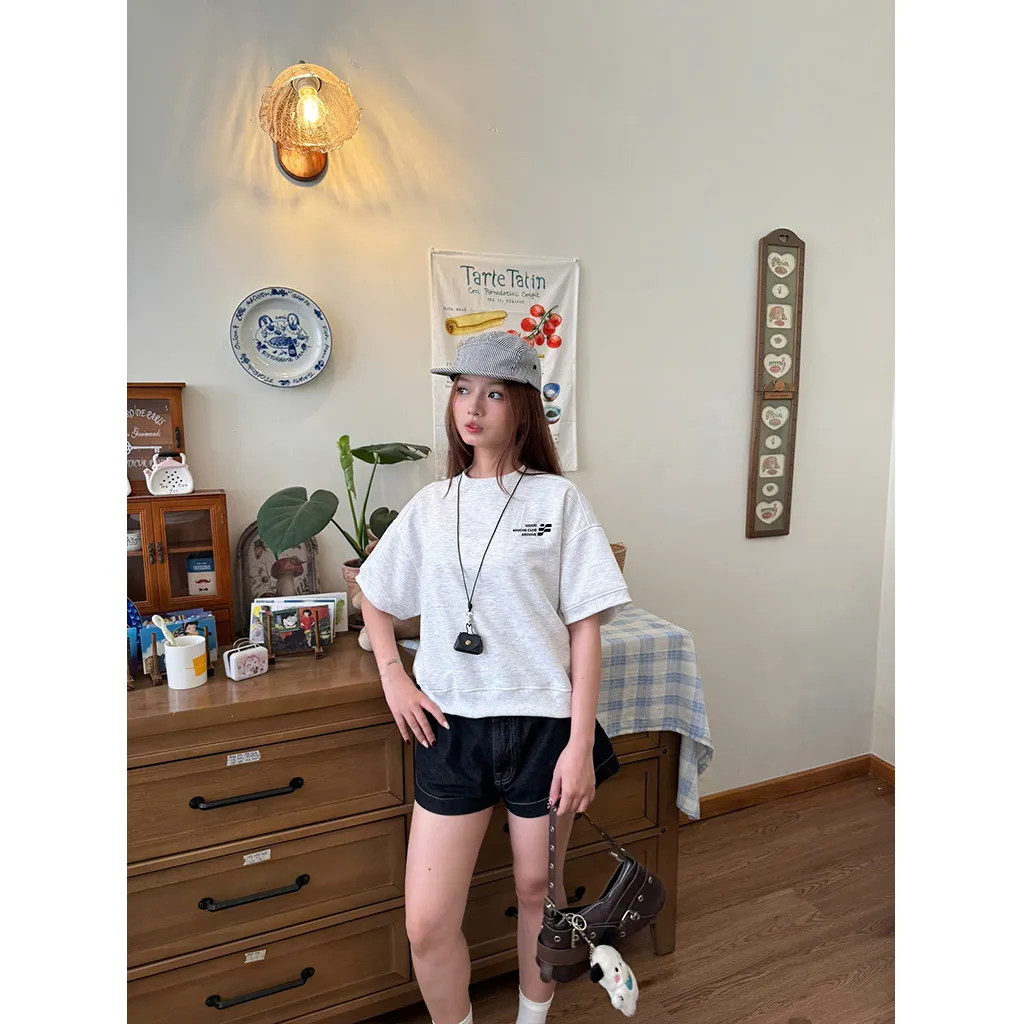 Áo sweater tay ngắn form boxy basic nhiều màu 2599 Miucho tay ngắn cổ tròn vải nỉ 2 da thoáng mát in basic_thumbnail_2