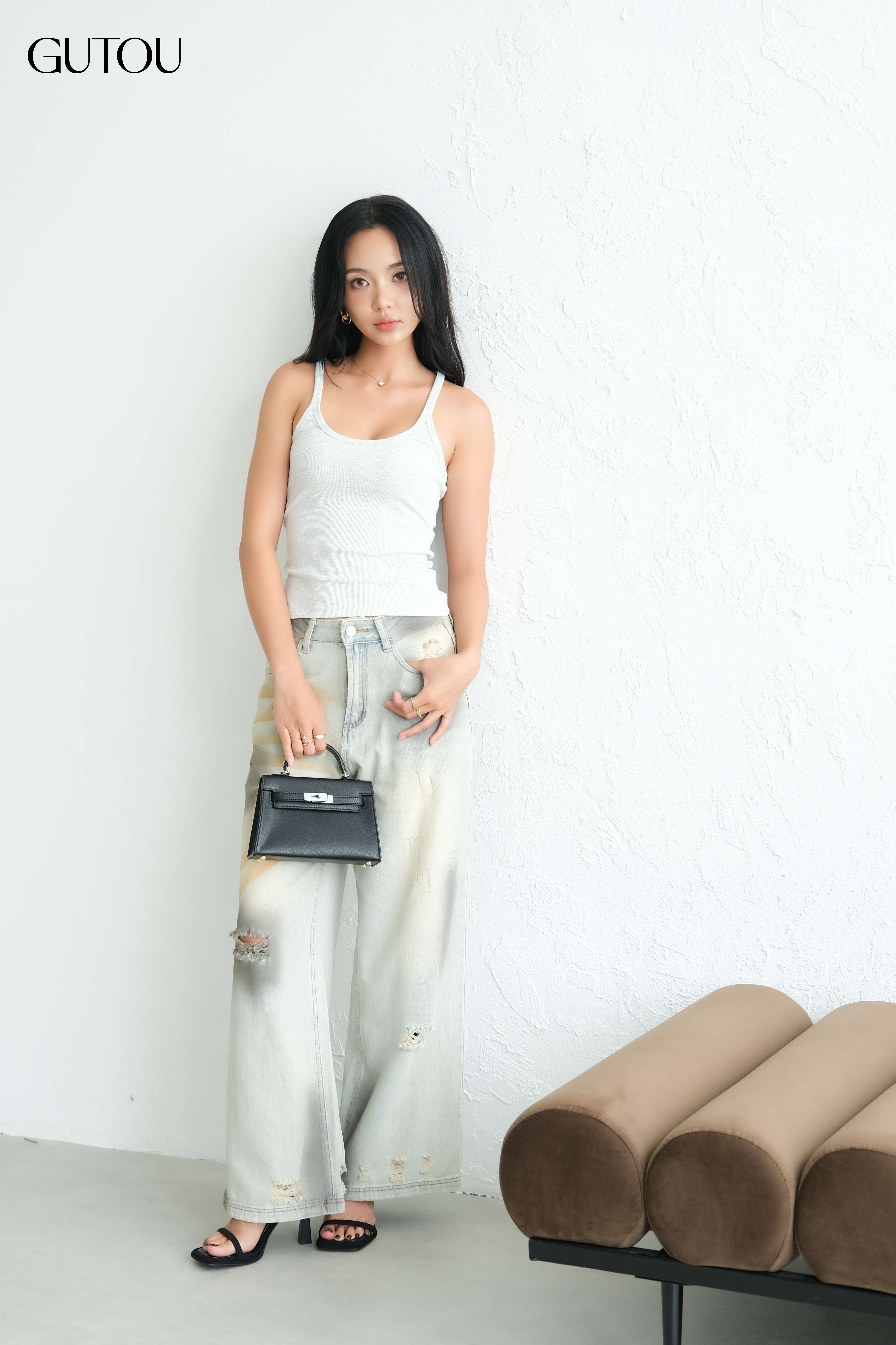 [ GUTOU ] Quần Jean Suông Xám Vệt Màu Streetwear