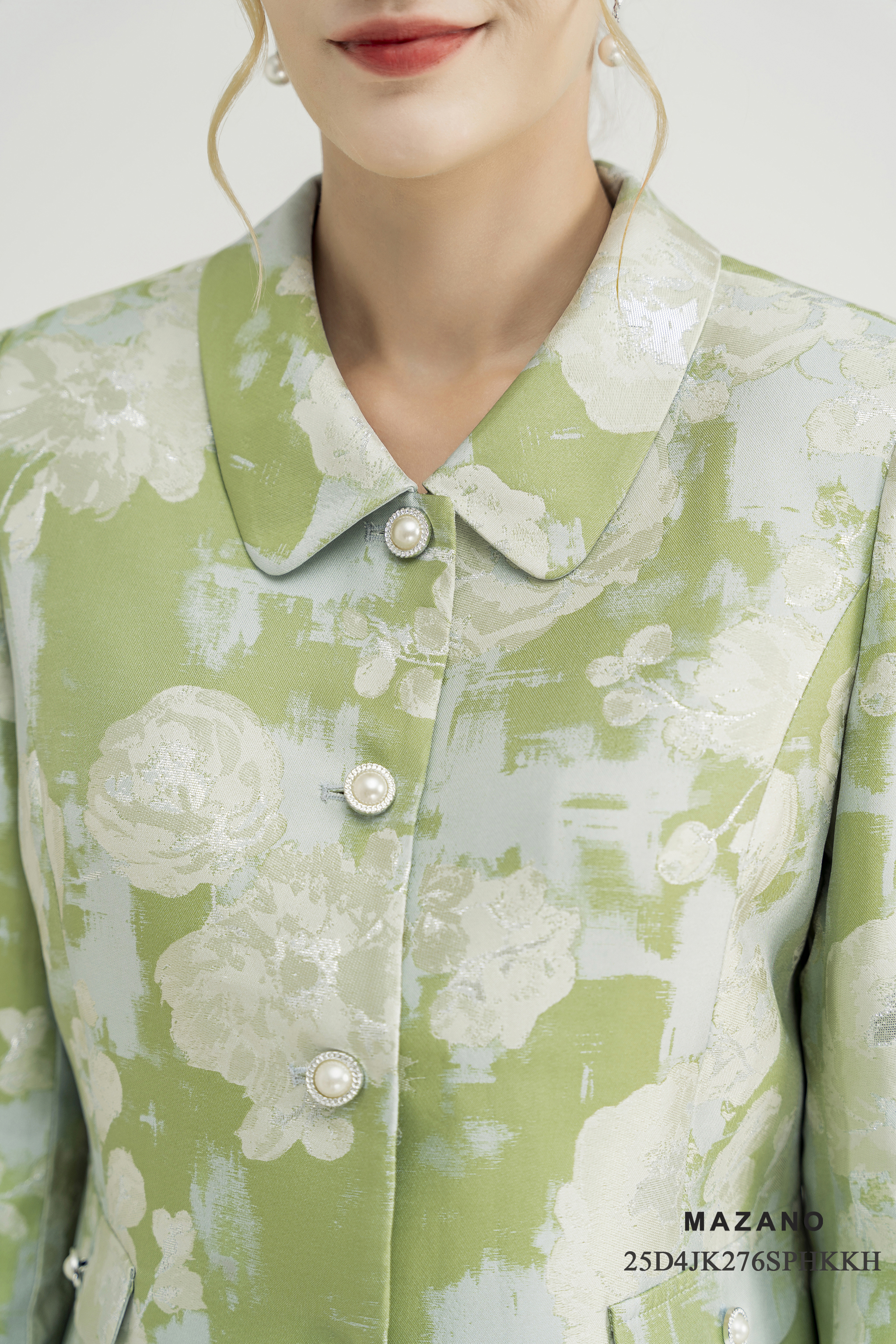 Áo khoác ngắn Suông Vải tafta gấm Họa tiết hoa cách điệu Cổ bẻ Dài dưới eo_thumbnail_4