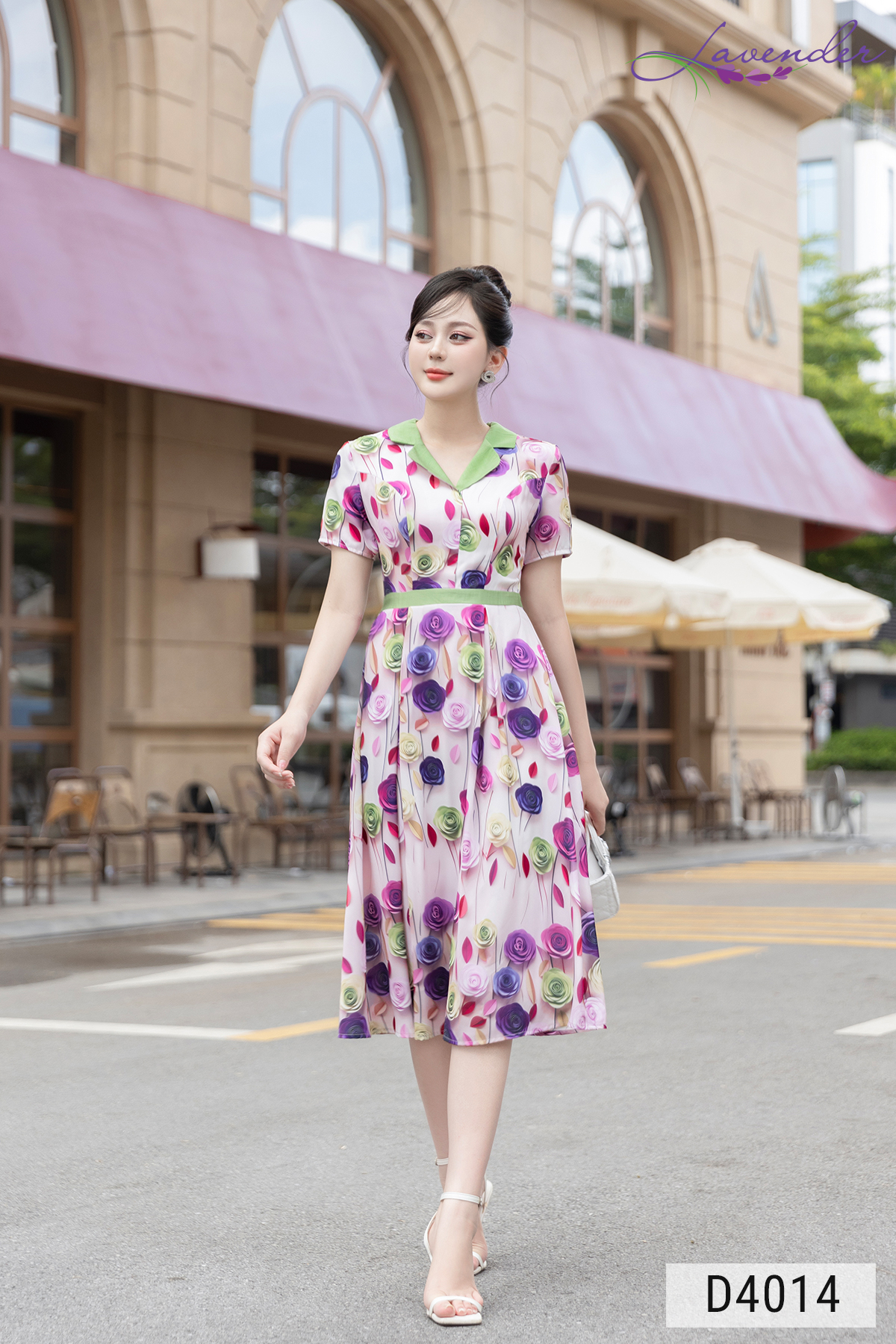 Đầm hoa dáng xòe cổ ve tay ngắn phối đai D4014_thumbnail_3