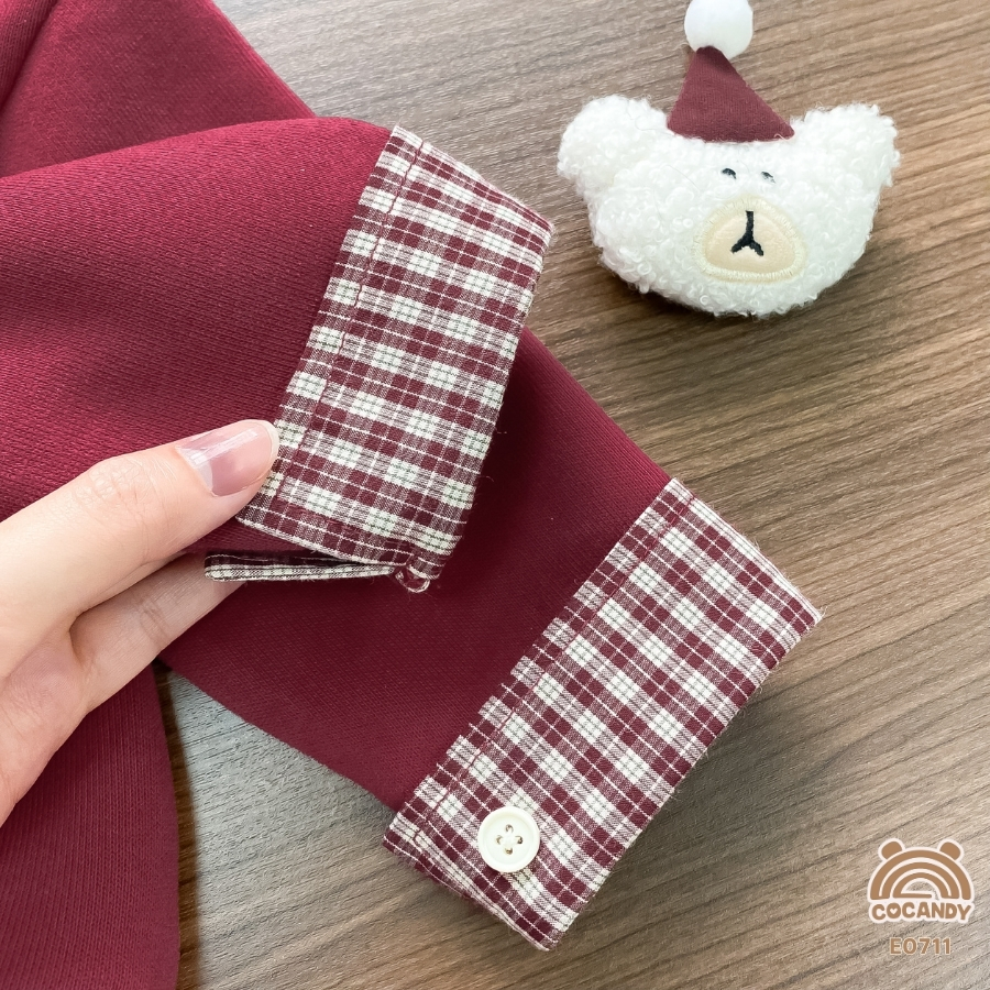 Áo dài nỉ ĐỎ phối cổ caro nâu_thumbnail_6