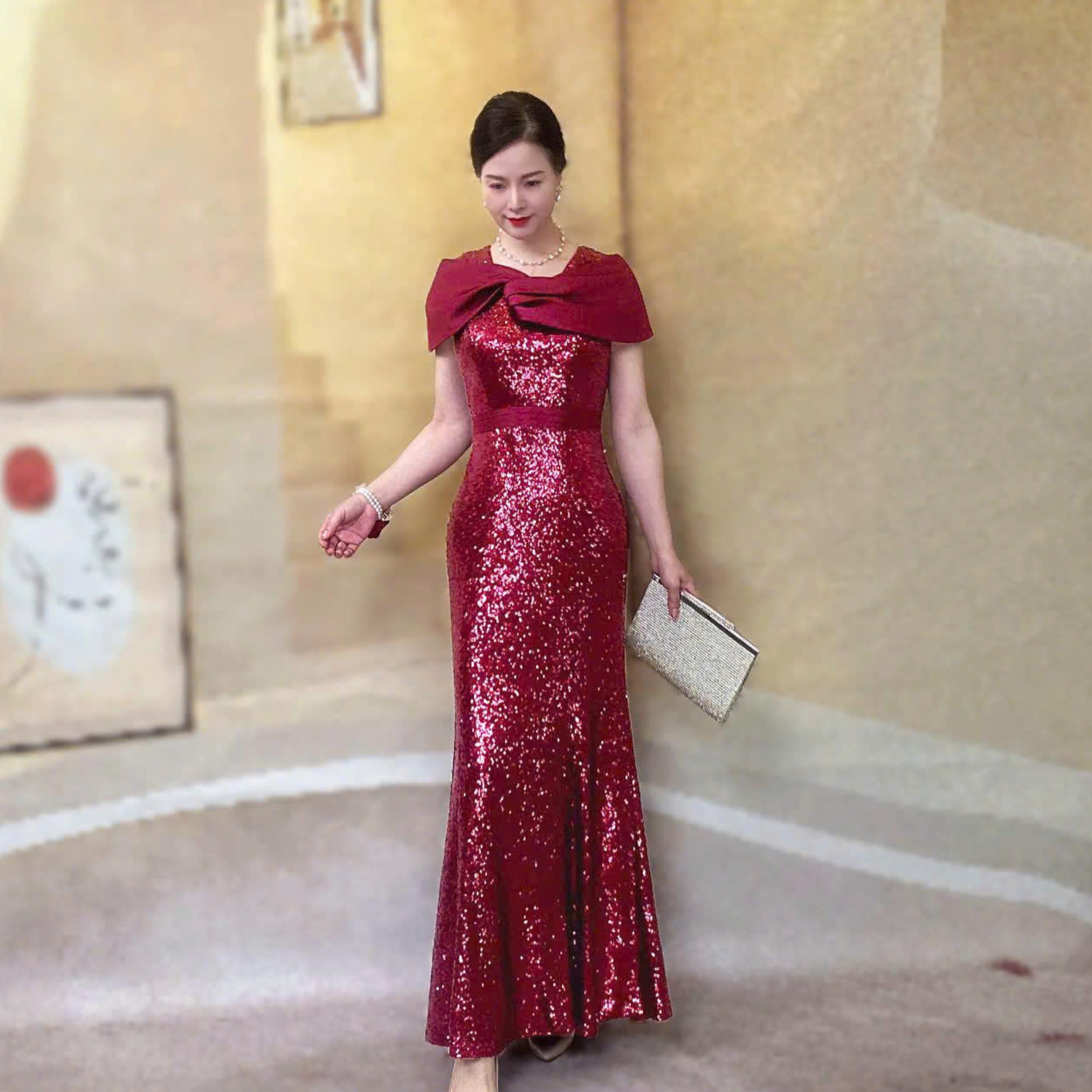 Đầm dự tiệc dạ hội kim sa phối nơ cách điệu