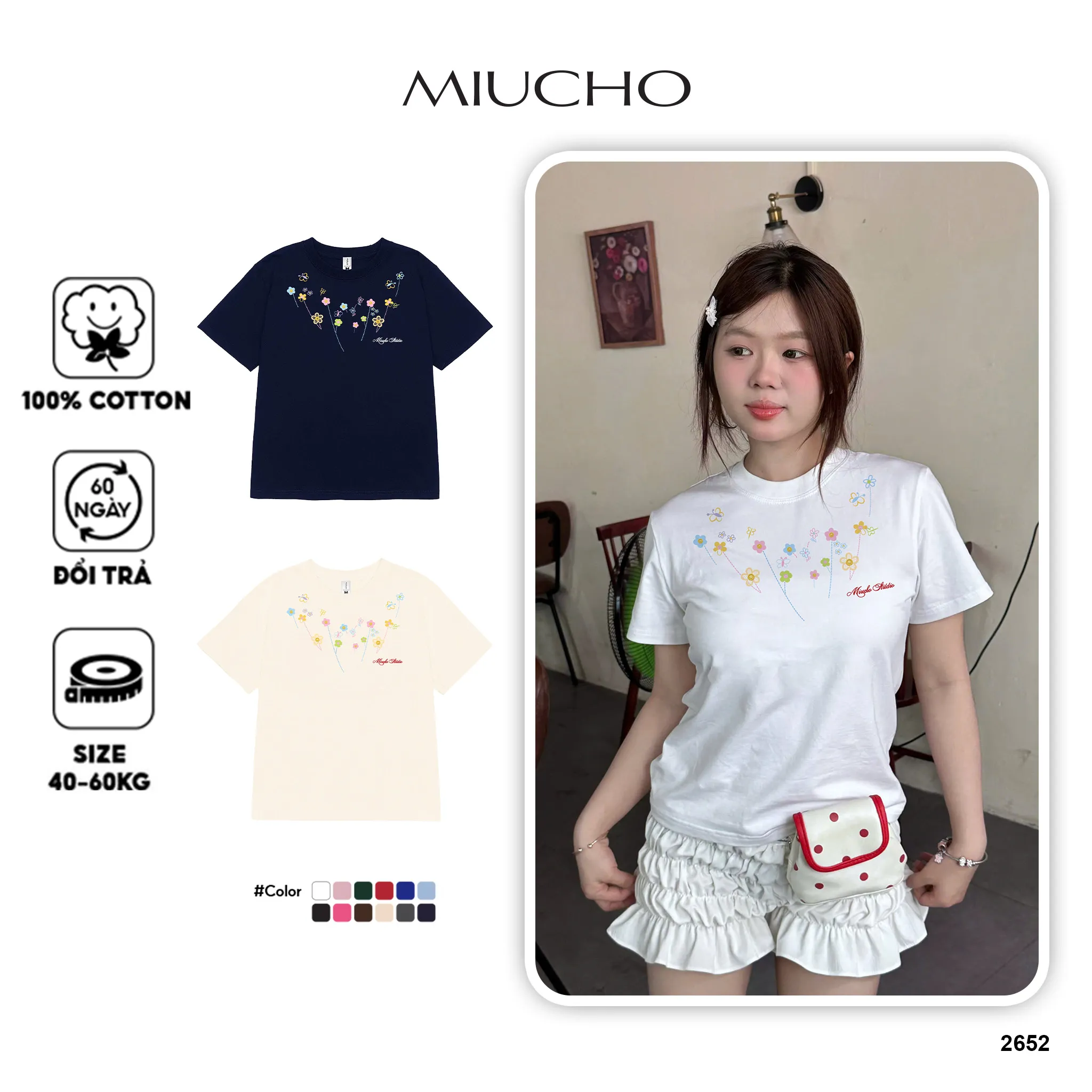 Áo baby tee nữ chuẩn form tôn dáng Miucho vải cotton co giãn 2 chiều thoáng mát cổ tròn in mix 2652
