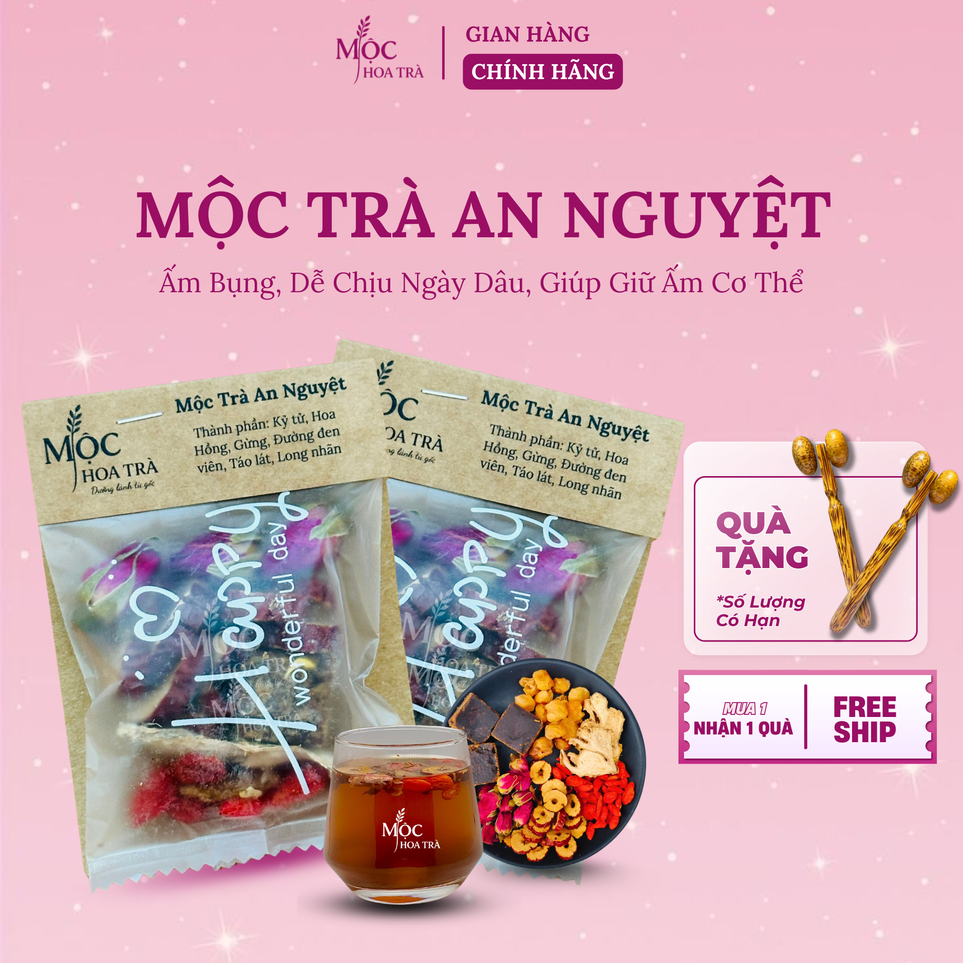 Mộc Trà An Nguyệt – Trà Gừng Đường Nâu Thảo Mộc – Hỗ Trợ Ấm Bụng, Dễ Chịu Ngày Dâu, Giúp Giữ Ấm Cơ Thể – Nguyên Liệu Sấy Lạnh